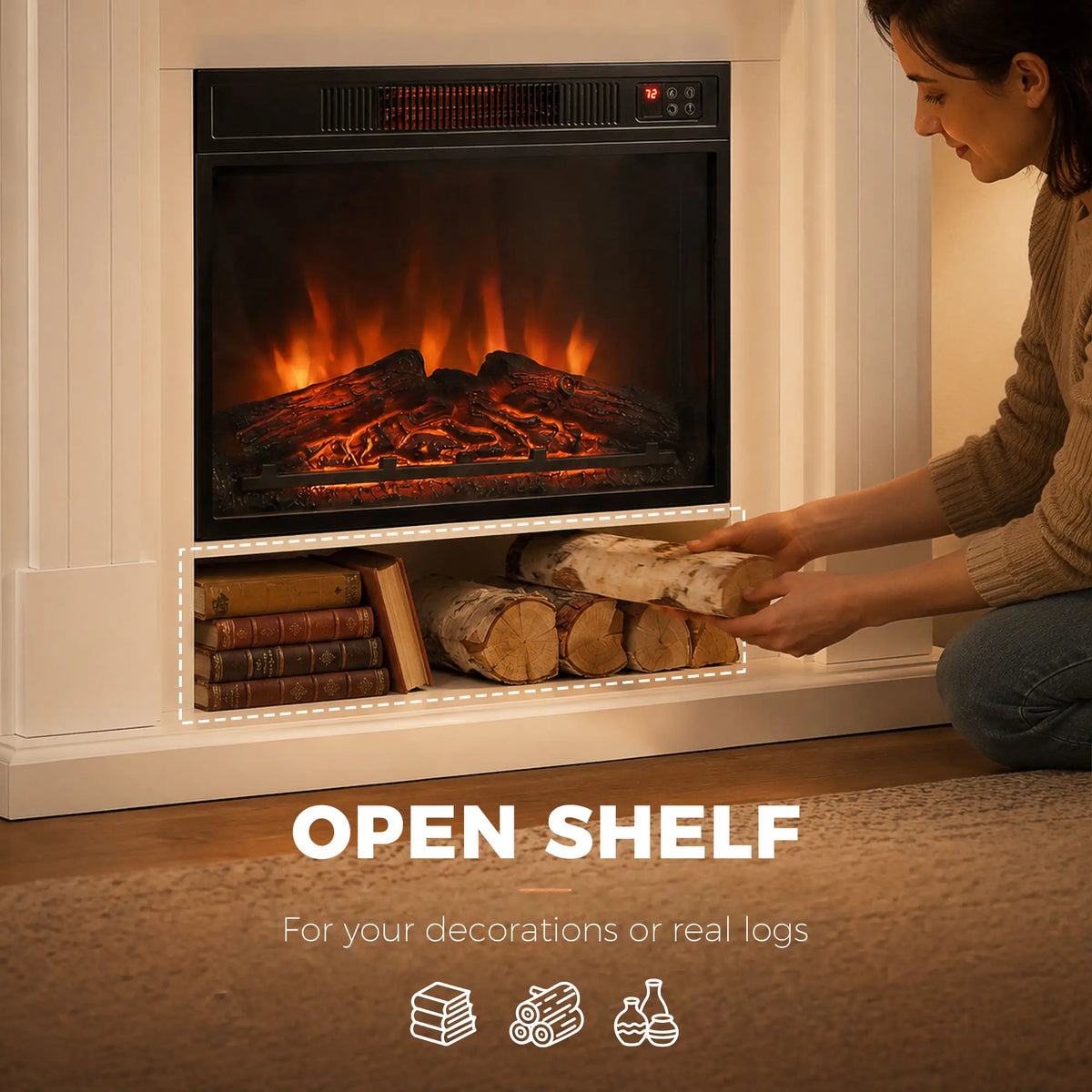 41 Inch Electric Fireplace with Mantel, 1400W Heater, Adjustable 3D Flame, White Electric Fireplaces at Gallery Canada
