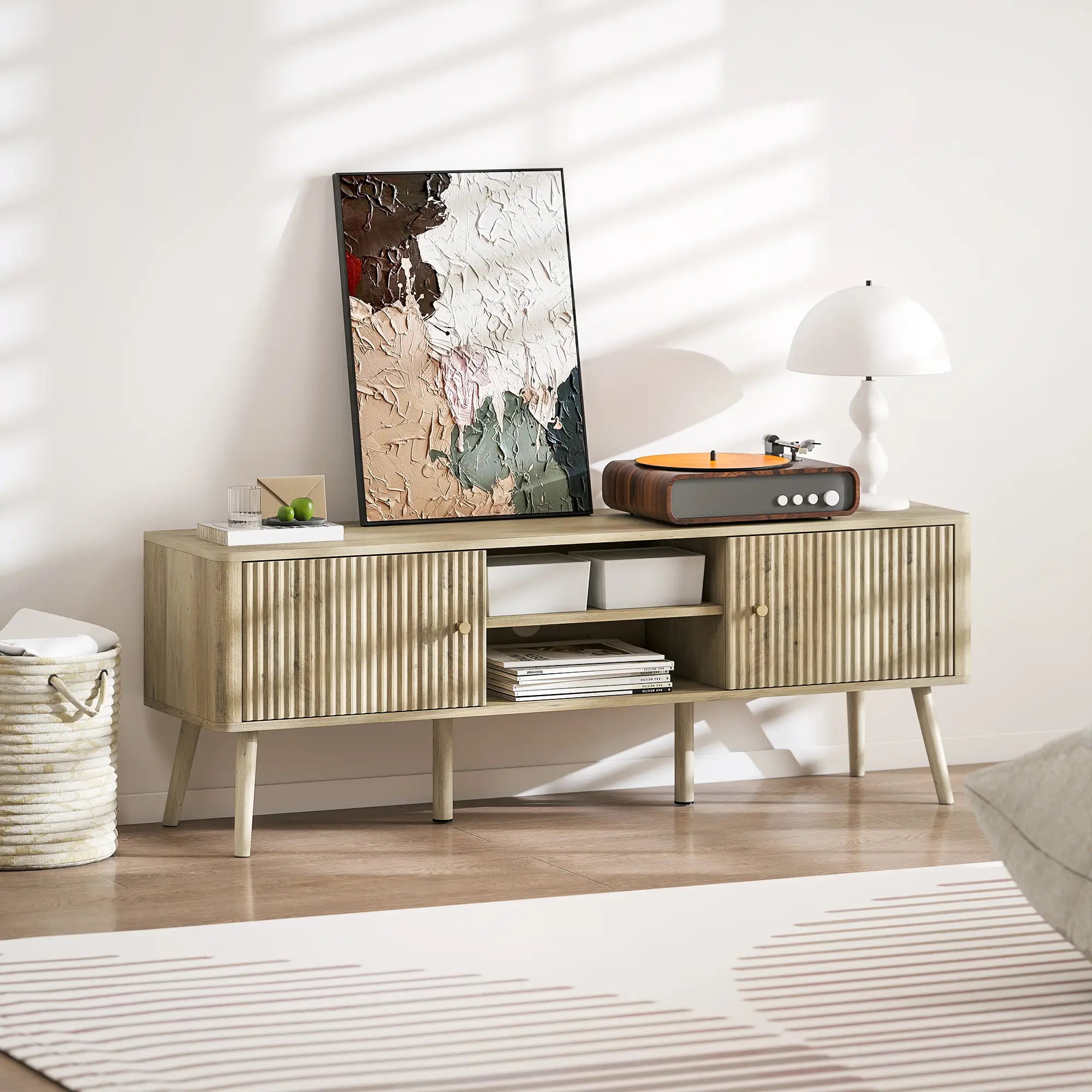 TV Stand for 65 Inch TV, Adjustable Shelves, Pine Wood Legs, Oak TV Stands at Gallery Canada