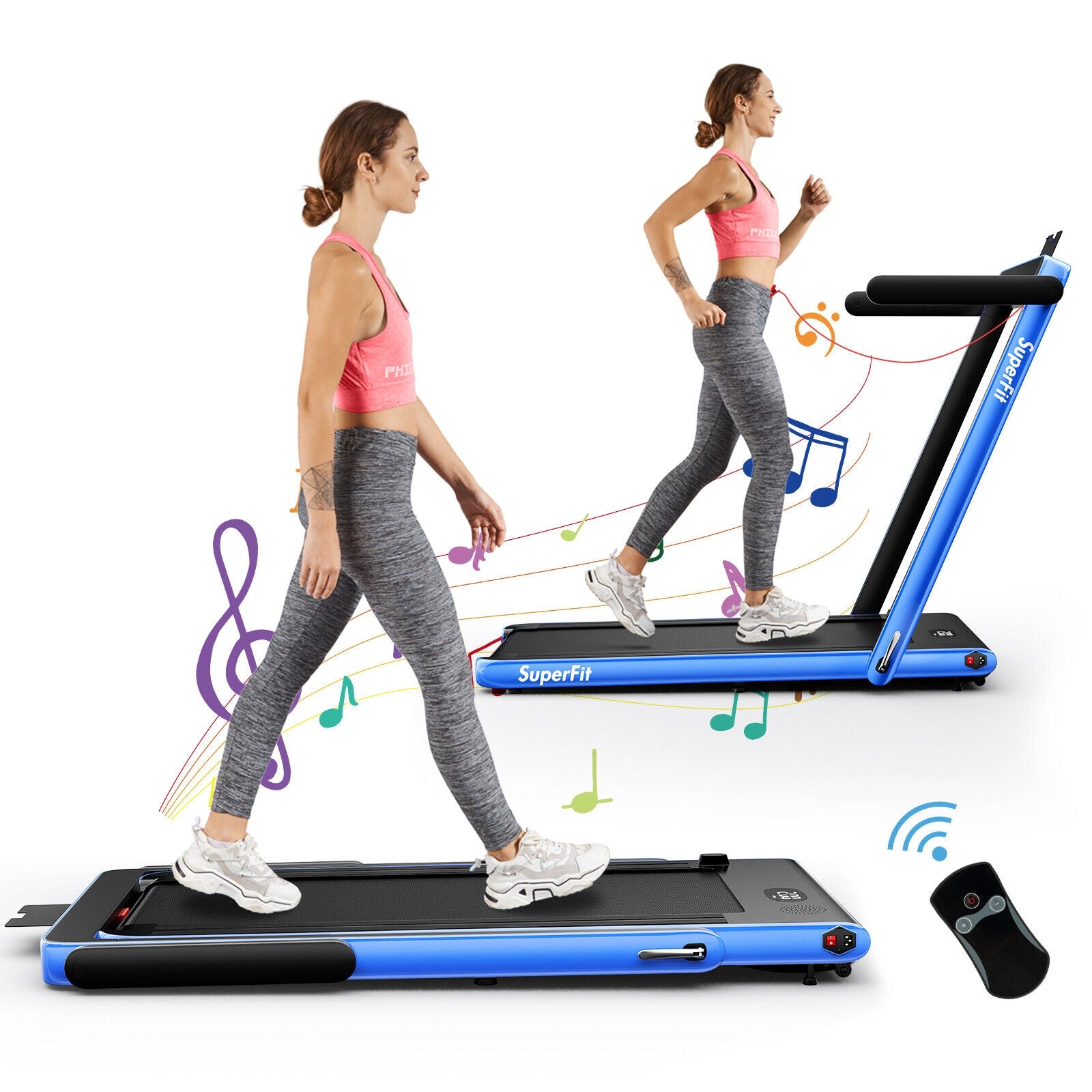 2.25HP 2 in 1 Folding Treadmill with APP Speaker Remote Control, Navy Treadmills at Gallery Canada