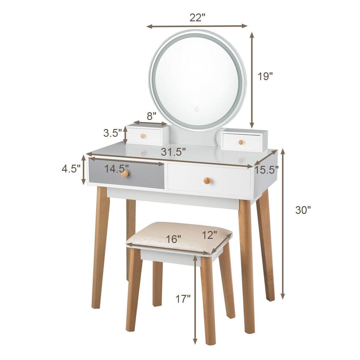 Makeup Dressing Table with 4 Drawers and Lighted Mirror, White - Gallery Canada