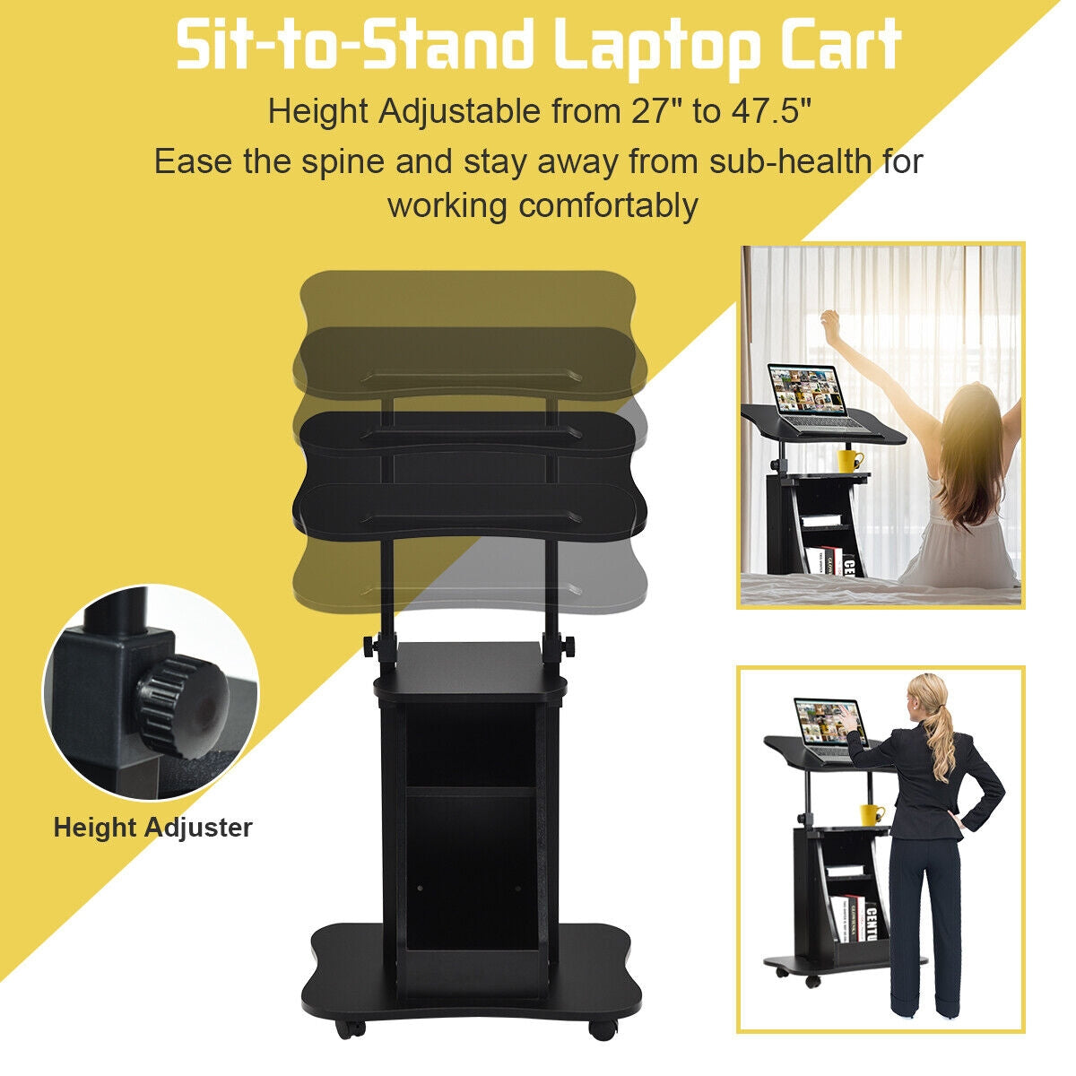 Sit-to-Stand Laptop Desk Cart Height Adjustable with Storage, Black Laptop Tables & Printer Stands at Gallery Canada