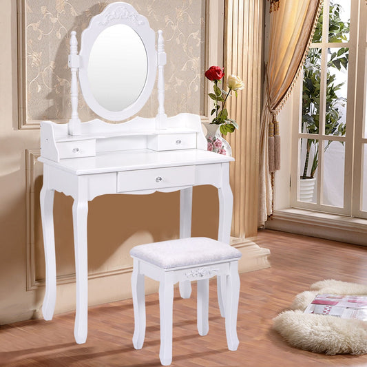 Vanity Table Set With Cushioned Stool, Oval Mirror, Three Drawers, White Makeup Vanities White at Gallery Canada