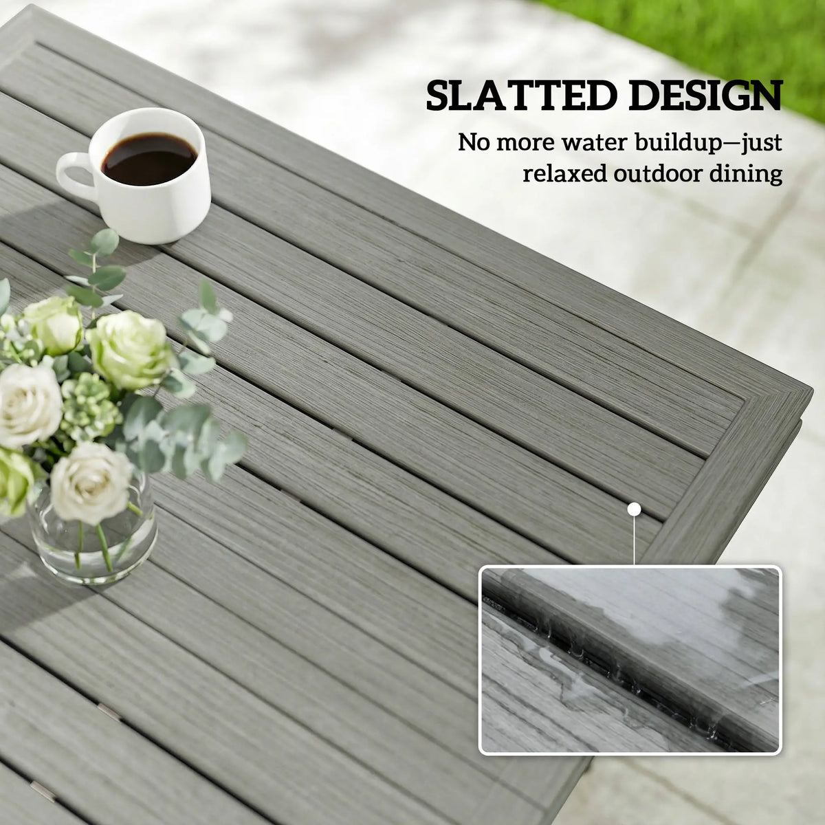 Square Patio Table With Umbrella Hole, Shelf, Slatted Faux Wood Steel Top, Grey Patio Dining Tables at Gallery Canada