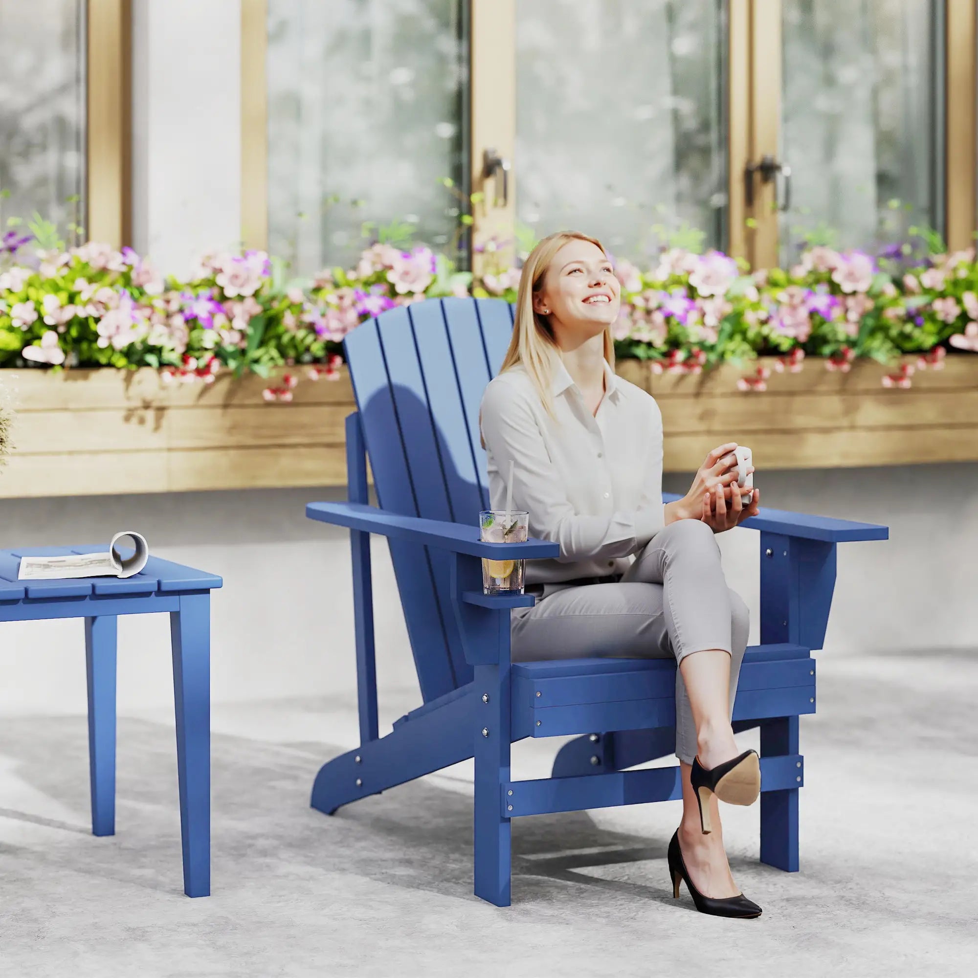 Classic Adirondack Chair, Garden Deck Chair with Cup Holder, Navy Blue Patio Chairs at Gallery Canada