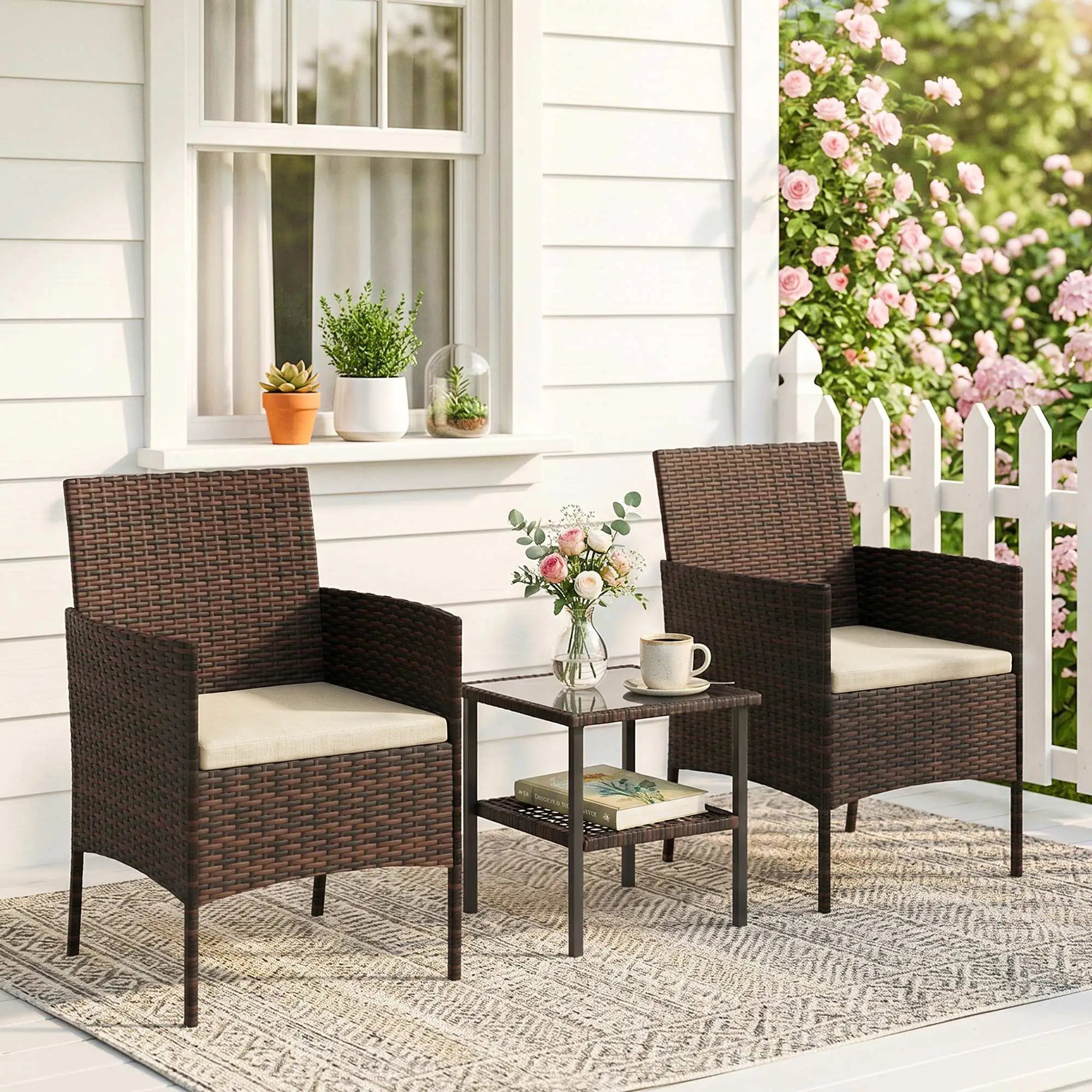 3 Piece Wicker Bistro Set, 2-Tier Glass Top Table, Khaki Bistro Sets at Gallery Canada