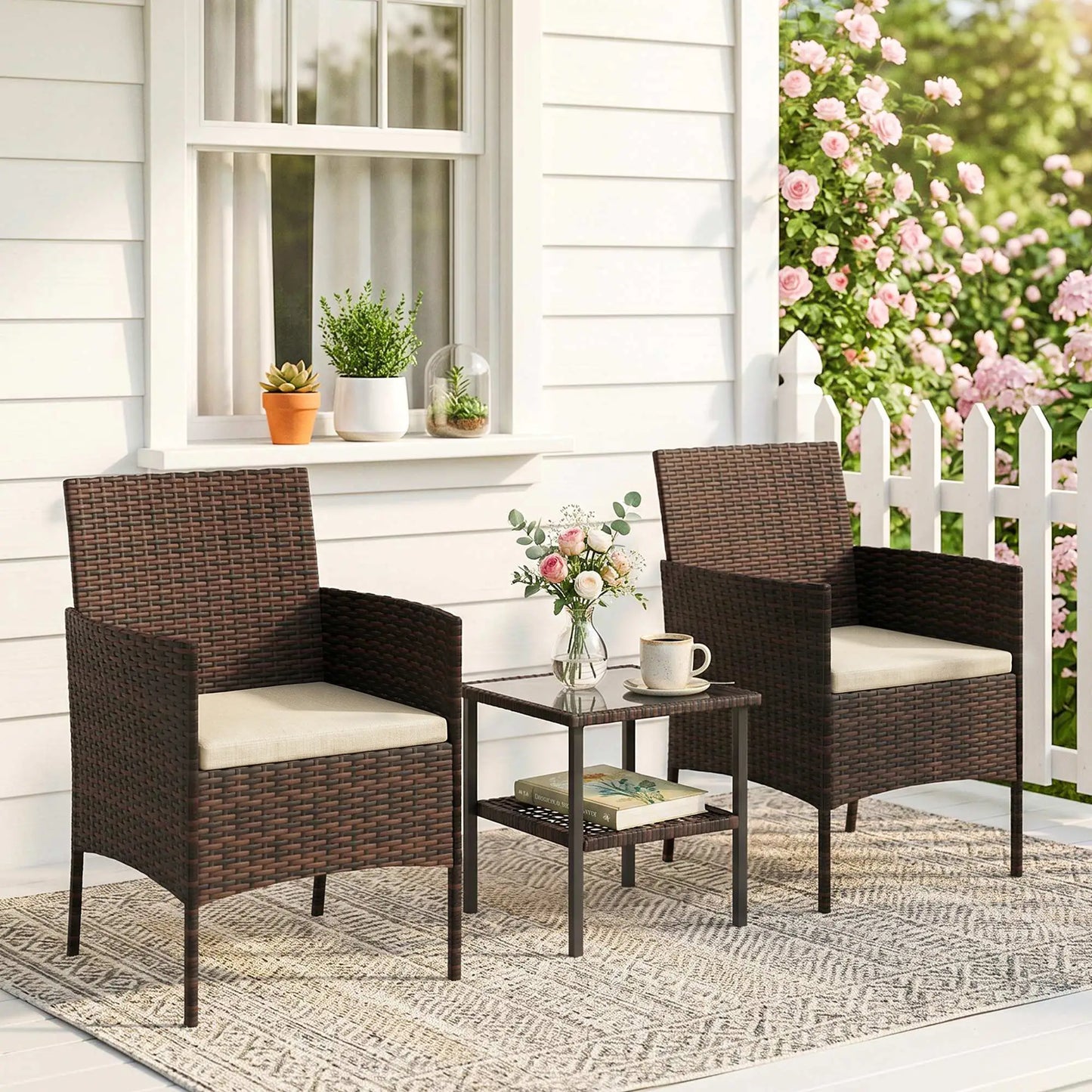 3 Piece Wicker Bistro Set, 2-Tier Glass Top Table, Khaki Bistro Sets at Gallery Canada