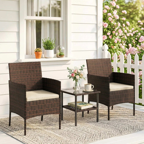 3 Piece Wicker Bistro Set, 2-Tier Glass Top Table, Khaki