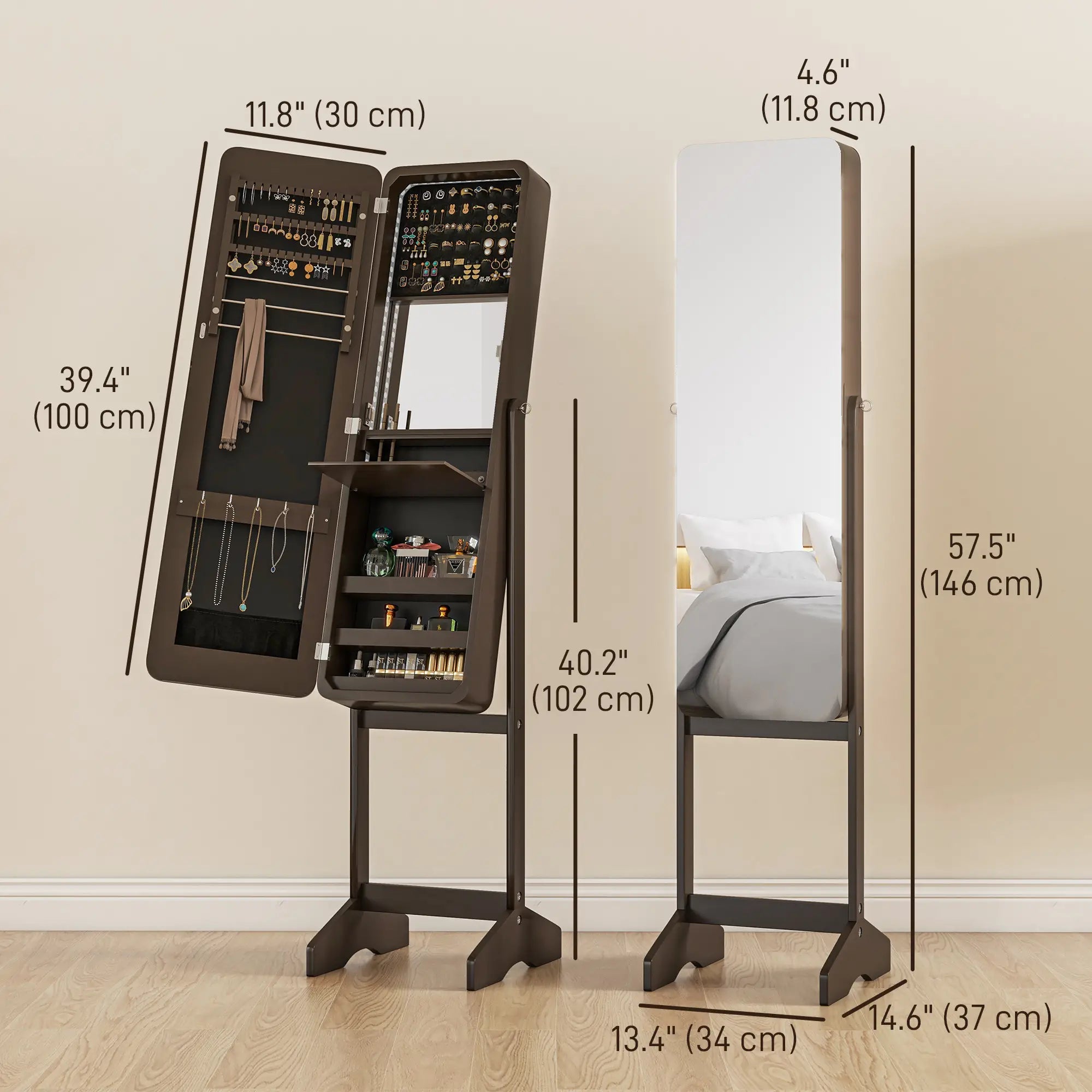 Standing Jewelry Cabinet with LED, Adjustable Mirror, Brown Jewelry Armoire & Jewellery Mirror Cabinets at Gallery Canada