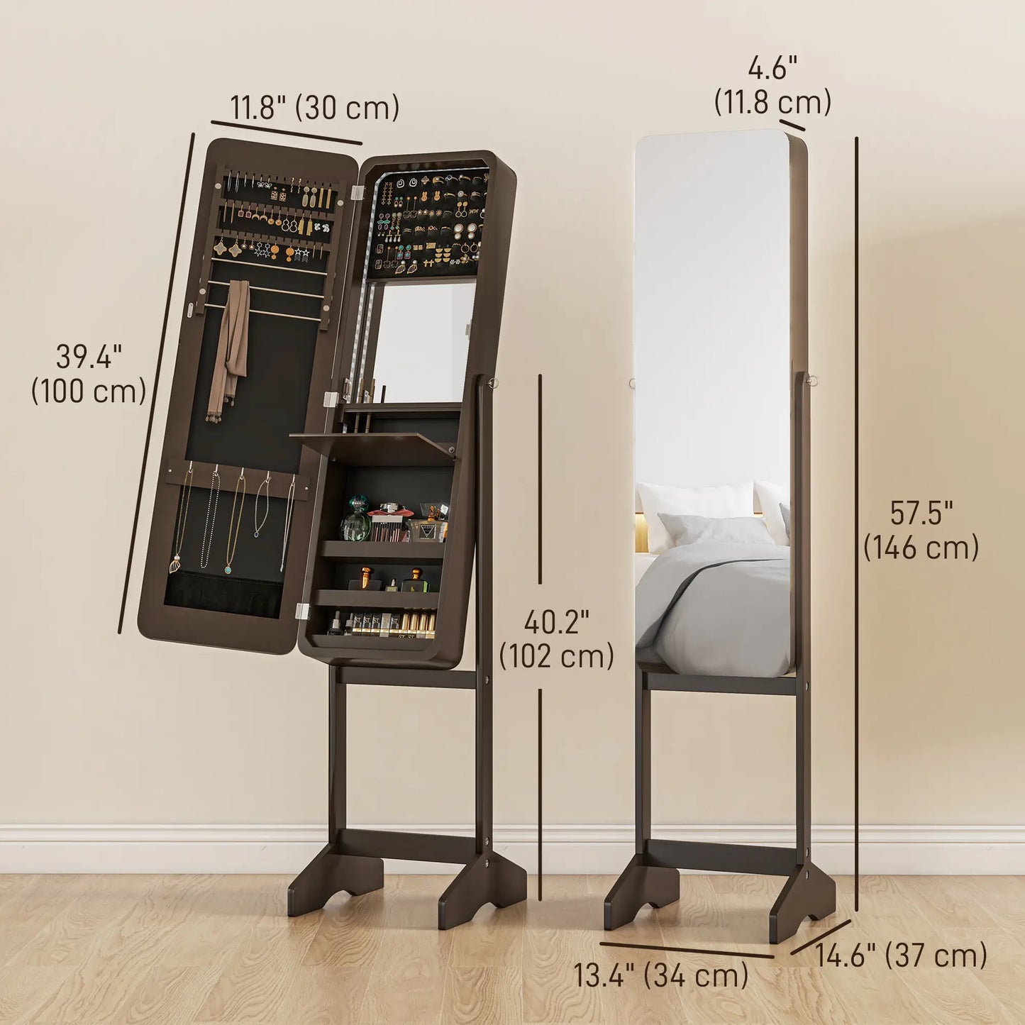 Standing Jewelry Cabinet with LED, Adjustable Mirror, Brown Jewelry Armoire & Jewellery Mirror Cabinets at Gallery Canada