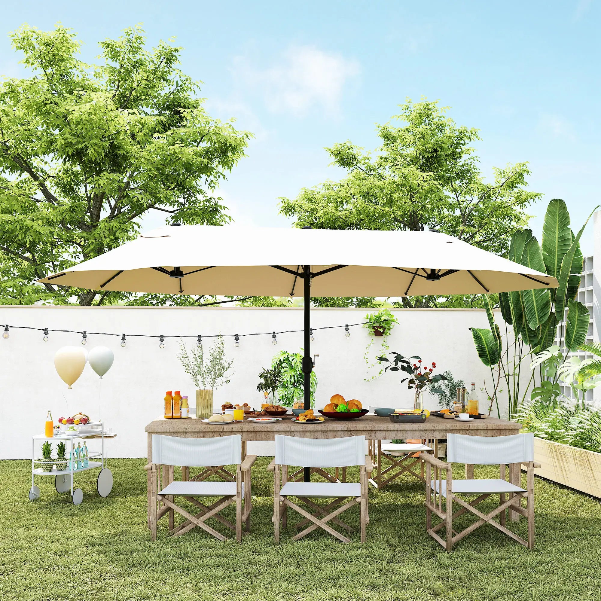 15' Outdoor Patio Umbrella, Twin Canopy Sunshade, Lift Crank, Beige Sun Umbrellas at Gallery Canada