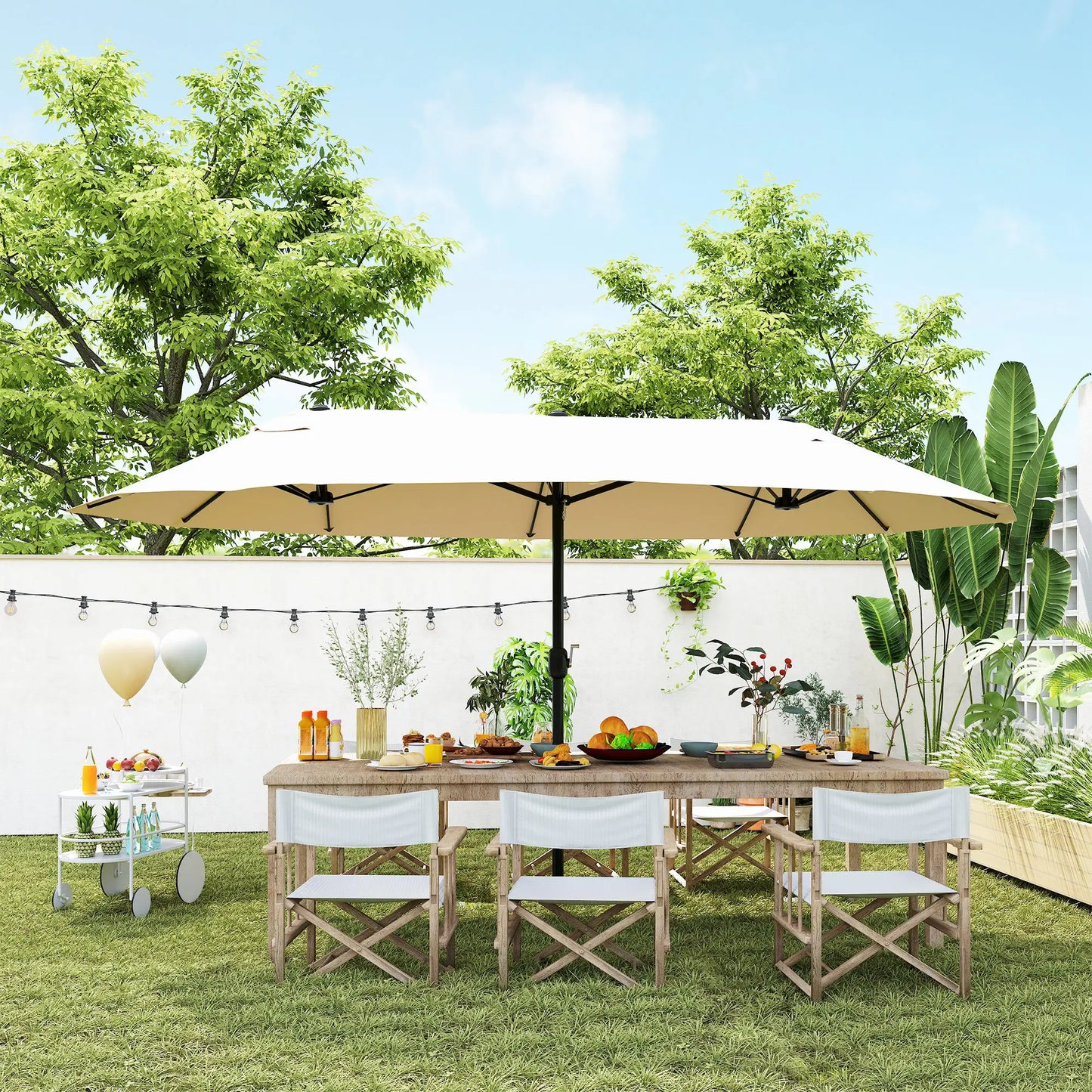 15' Outdoor Patio Umbrella, Twin Canopy Sunshade, Lift Crank, Beige Sun Umbrellas at Gallery Canada