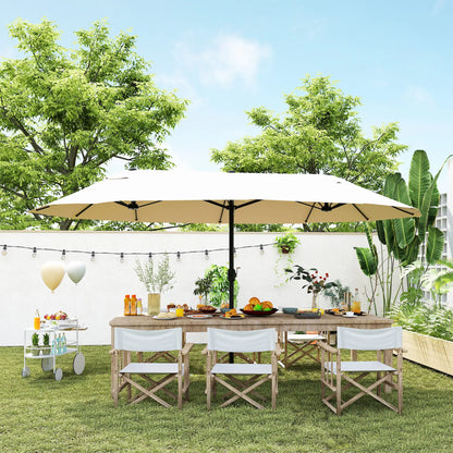 15' Outdoor Patio Umbrella, Twin Canopy Sunshade, Lift Crank, Beige Sun Umbrellas at Gallery Canada