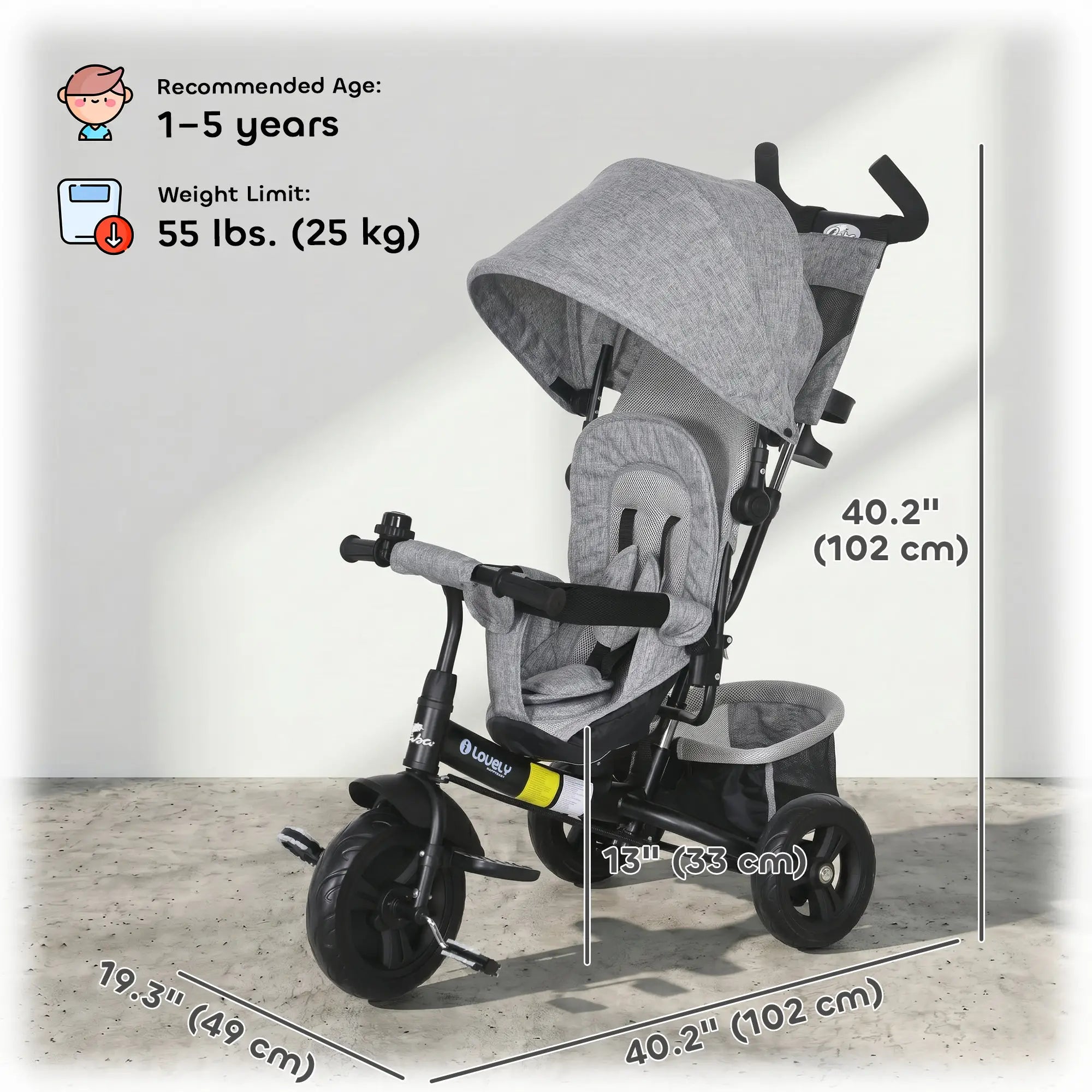 6 in 1 Tricycle for Toddlers, Parent-Push Handle, Grey Tricycles for Kids at Gallery Canada