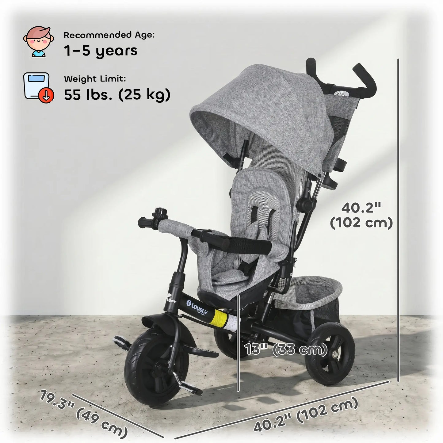6 in 1 Tricycle for Toddlers, Parent-Push Handle, Grey Tricycles for Kids at Gallery Canada