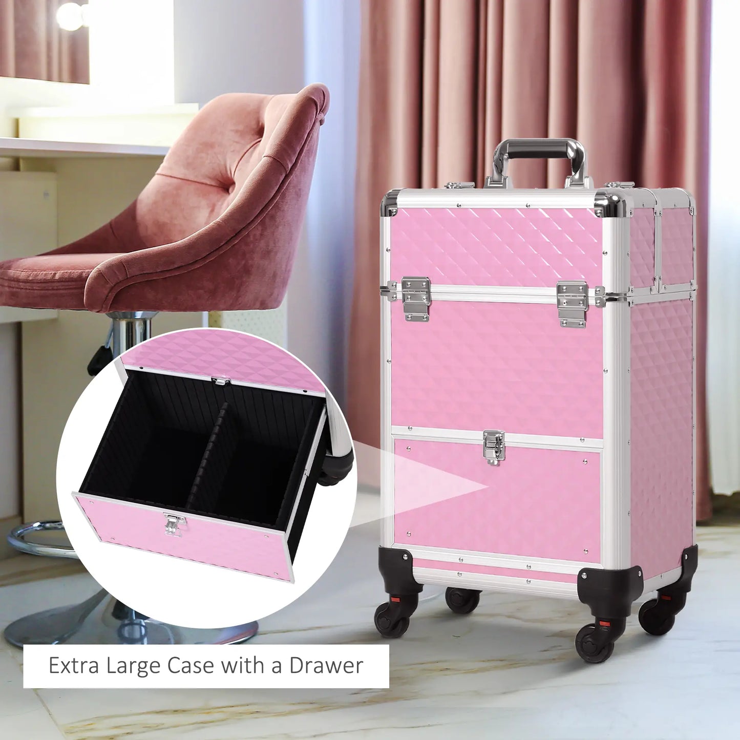 Portable Aluminum Makeup Train Case, Rolling Cosmetic Organizer, 4 Wheels, Pink Makeup Cases at Gallery Canada