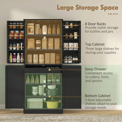 72" Tall Kitchen Pantry Cabinet, Farmhouse Storage Cabinet with 8 Door Racks and Adjustable Shelves, Black Kitchen Pantry Cabinets at Gallery Canada
