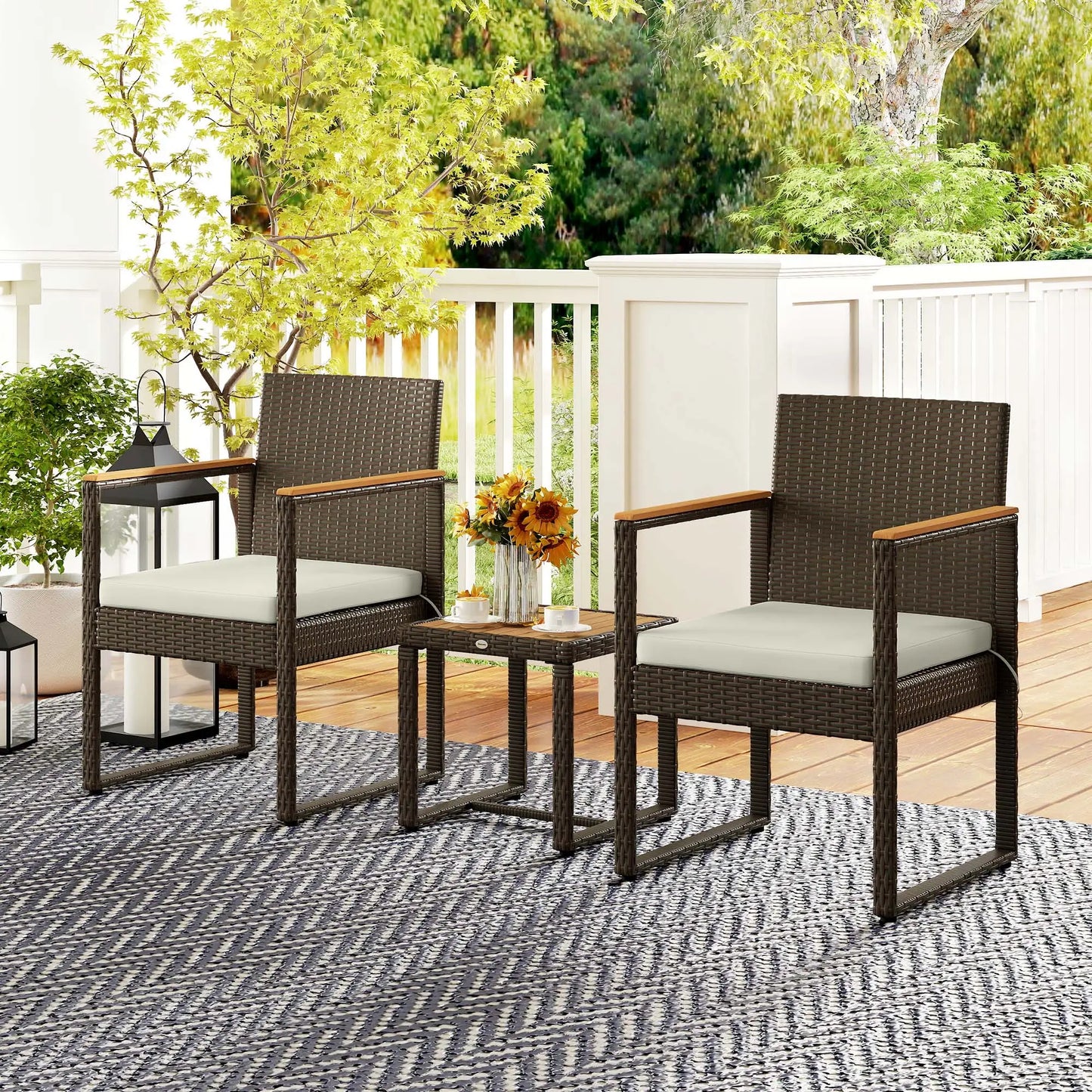 3 Pc Wicker Patio Set, Rattan Bistro w/ Acacia Table, White Bistro Sets at Gallery Canada