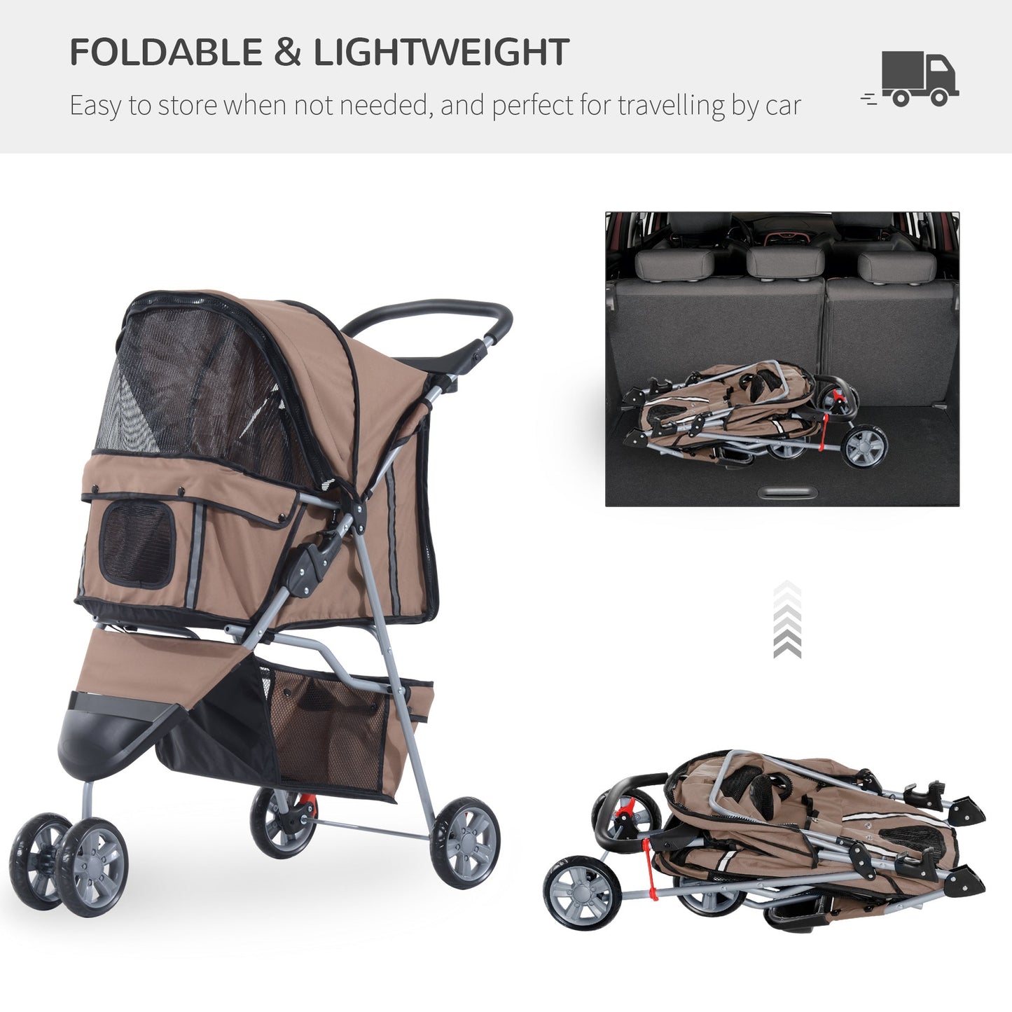 3 Wheel Folding Pet Stroller Dog Bike Carrier Strolling Jogger with Brake, Canopy, Cup Holders and Bottom Storage Space, Coffee at Gallery Canada
