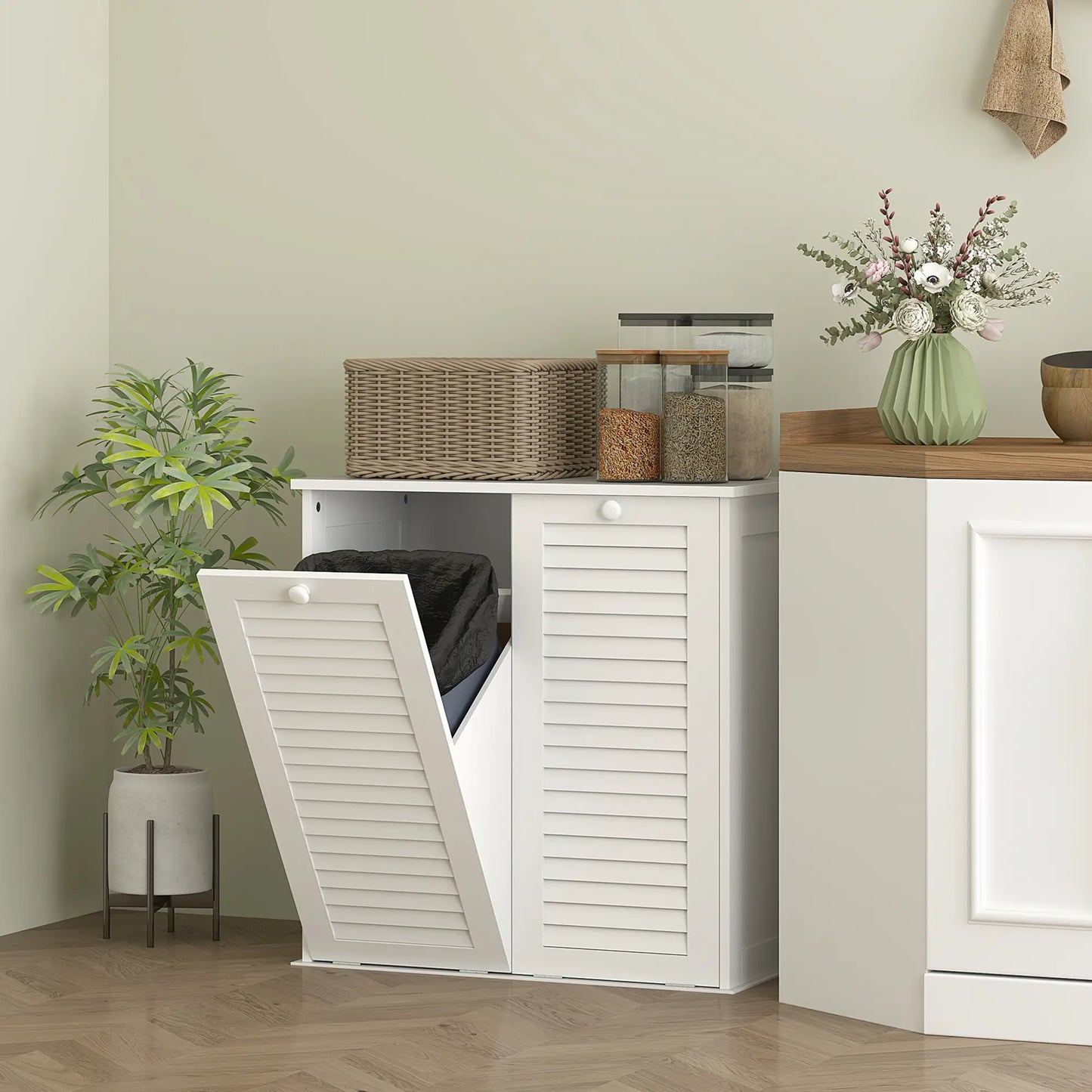 Tilt Out Laundry Cabinet, 2 Baskets, 2 Louvered Doors, White Bathroom Cabinets at Gallery Canada