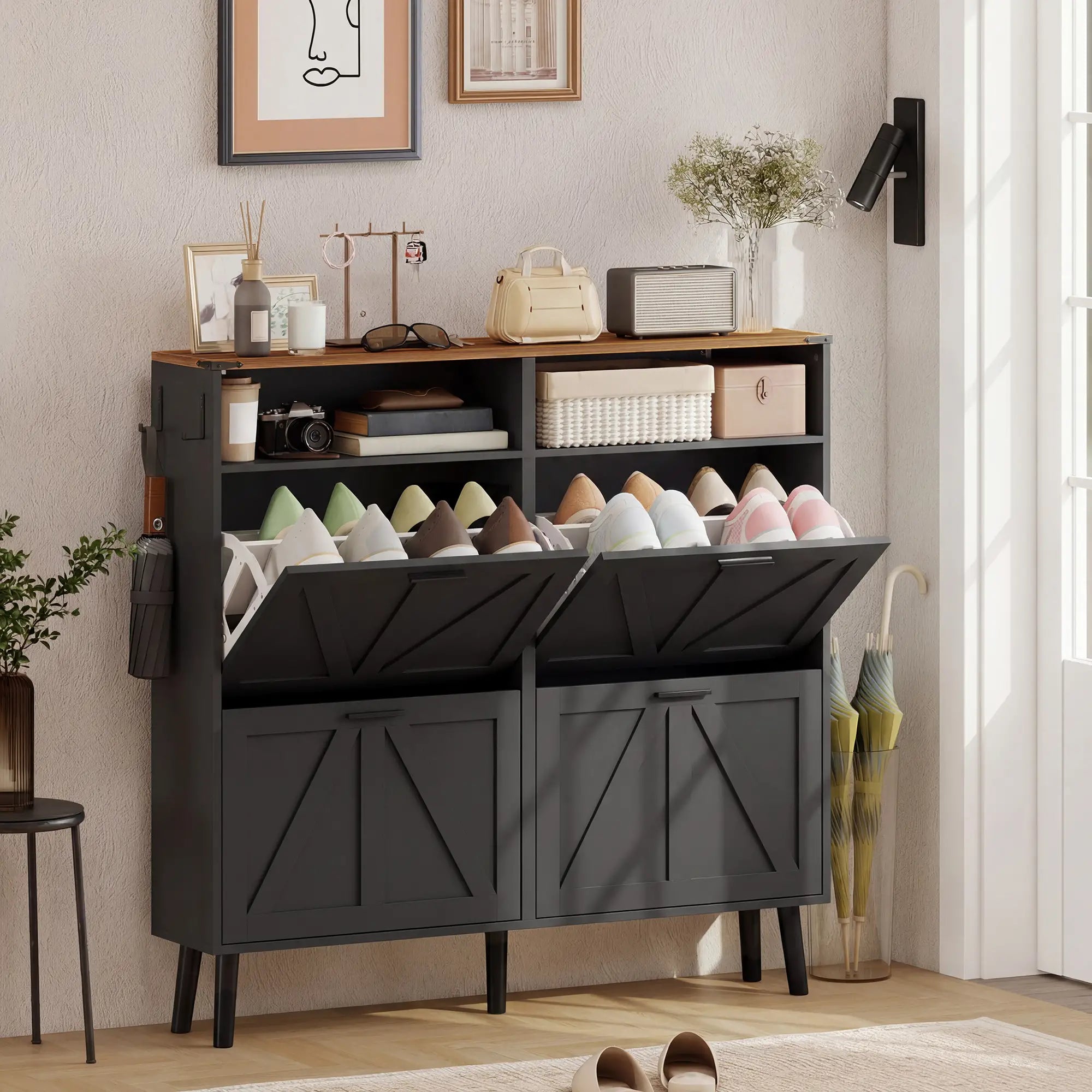 Shoe Storage Cabinet, 4 Flip Drawers, Farmhouse Narrow, Black Shoe Storage Cabinets & Racks at Gallery Canada
