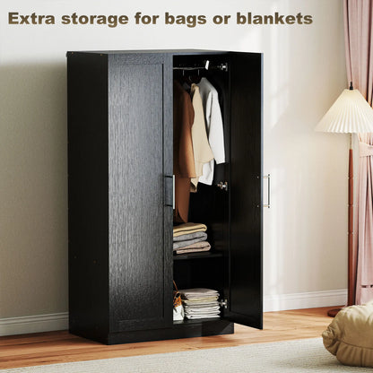 Modern Armoire Wardrobe Cabinet, 2 Doors With Hanging Rod, Black Wood Effect, Black