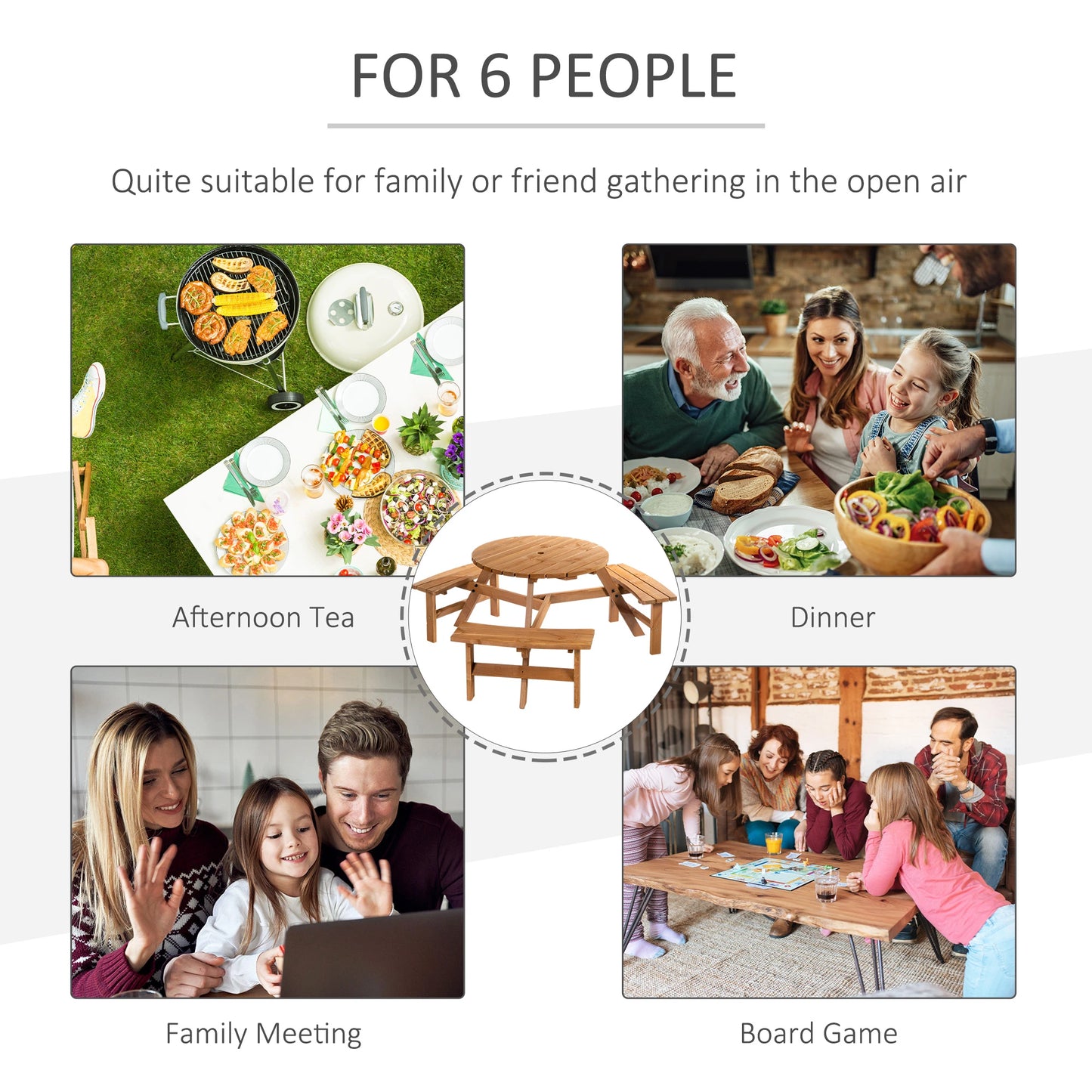 6 Person Round Picnic Table, Wood Patio Set with Umbrella Hole, Brown Outdoor Dining Sets at Gallery Canada