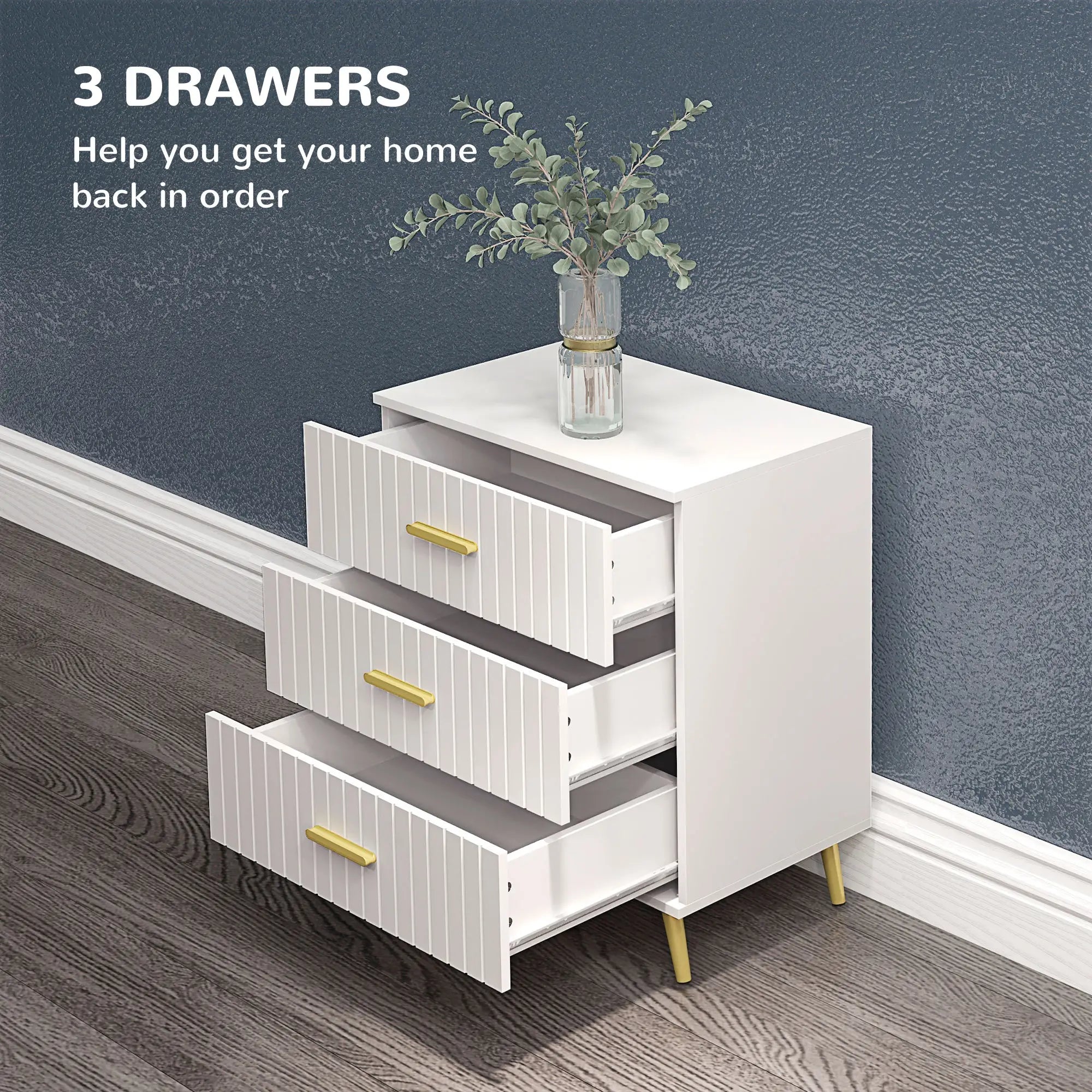 3 Drawer Cabinet, Bedroom Chest of Drawers, Aluminium Legs, Gold Handles, White Storage Cabinets at Gallery Canada