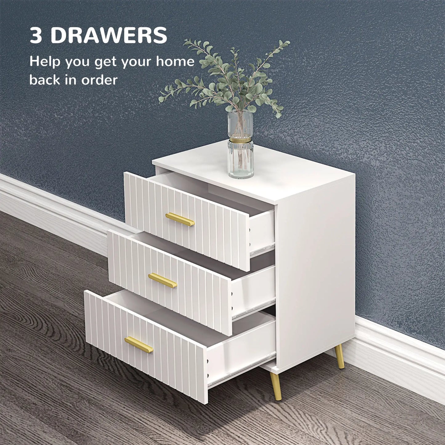 3 Drawer Cabinet, Bedroom Chest of Drawers, Aluminium Legs, Gold Handles, White Storage Cabinets at Gallery Canada