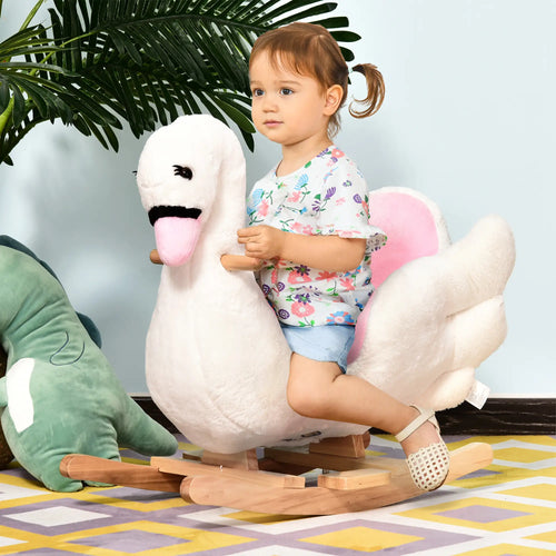 Soft Warm Kids Rocking Horse, Plush Ride On Toy, Swan Style, White