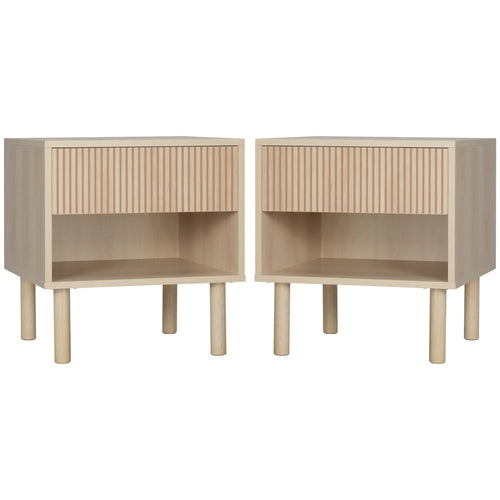 Set of 2 Nightstands, Storage Shelf, Drawer, Natural Wood