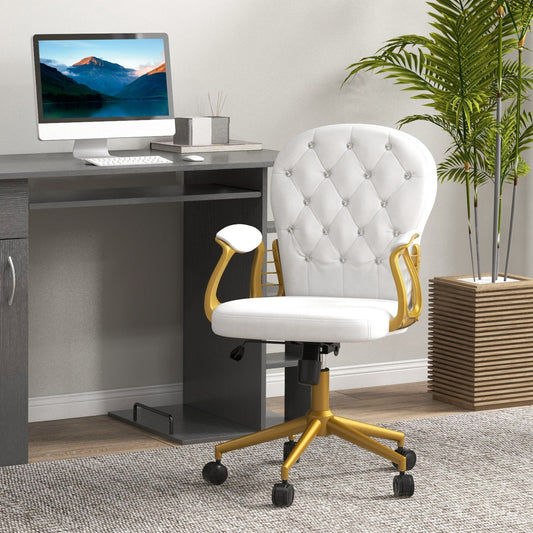 Velvet Office Desk Chair Button Tufted Vanity Chair with Swivel Wheels, Adjustable Height and Tilt Function, Cream White - Gallery Canada