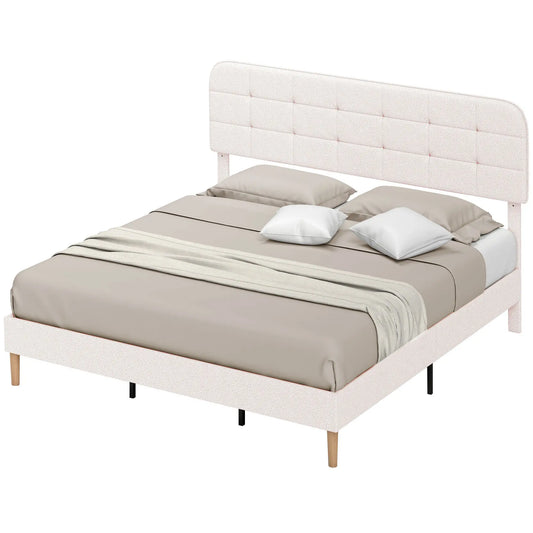 King Size Bed Frame, Adjustable Headboard, Upholstered Platform, White