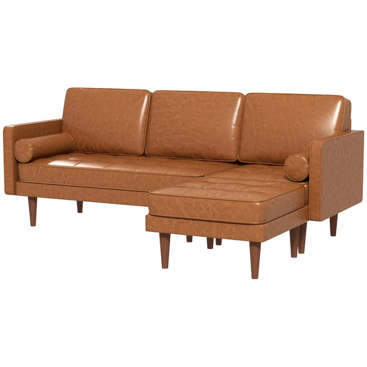 Faux Leather L-Shaped Sectional Sofa, Footstool, 2 Pillows, Brown 3-Seater Sofas Brown at Gallery Canada