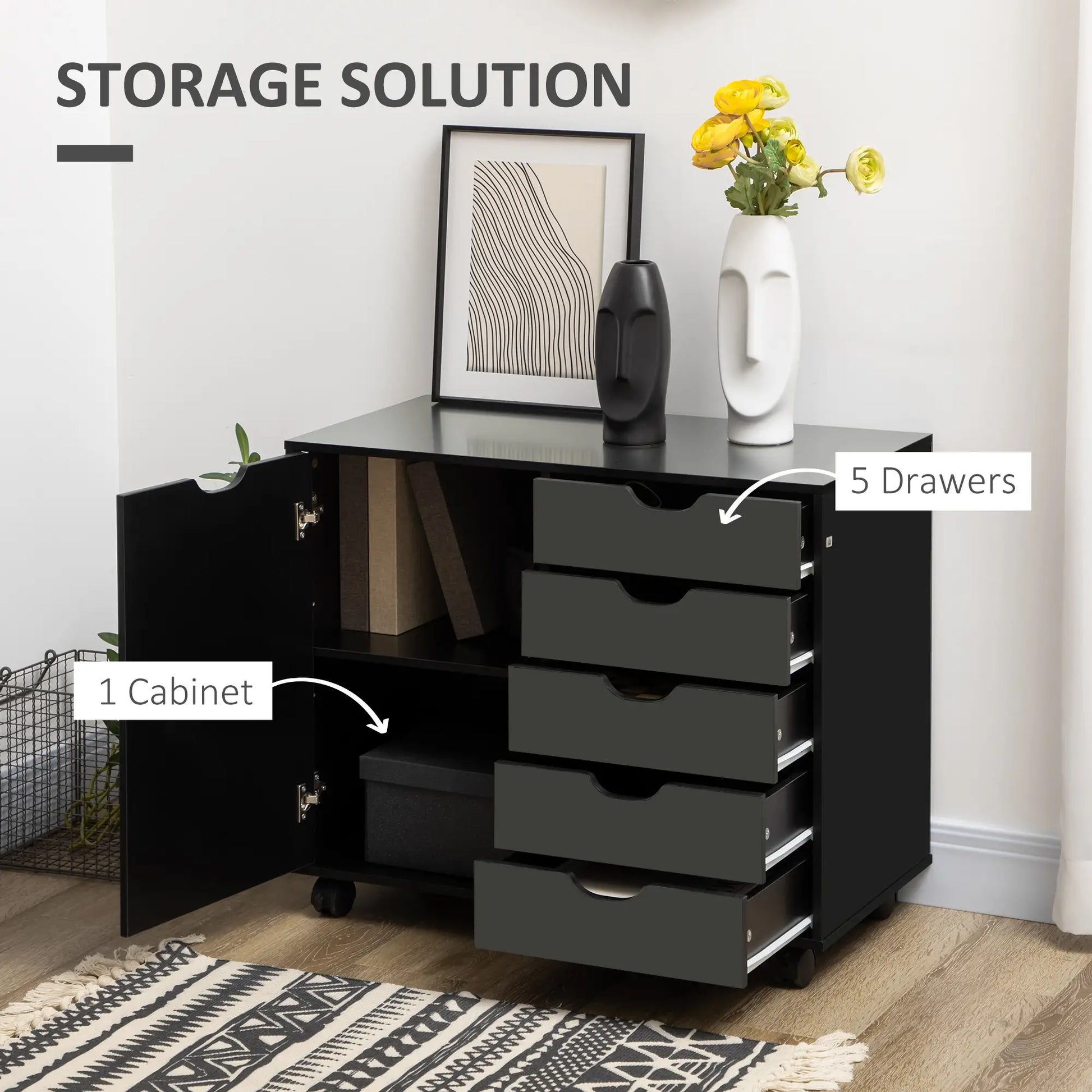 5-Drawer Lateral Filing Cabinet with Door, Adjustable Shelf, Wheels, Black Storage Cabinets at Gallery Canada