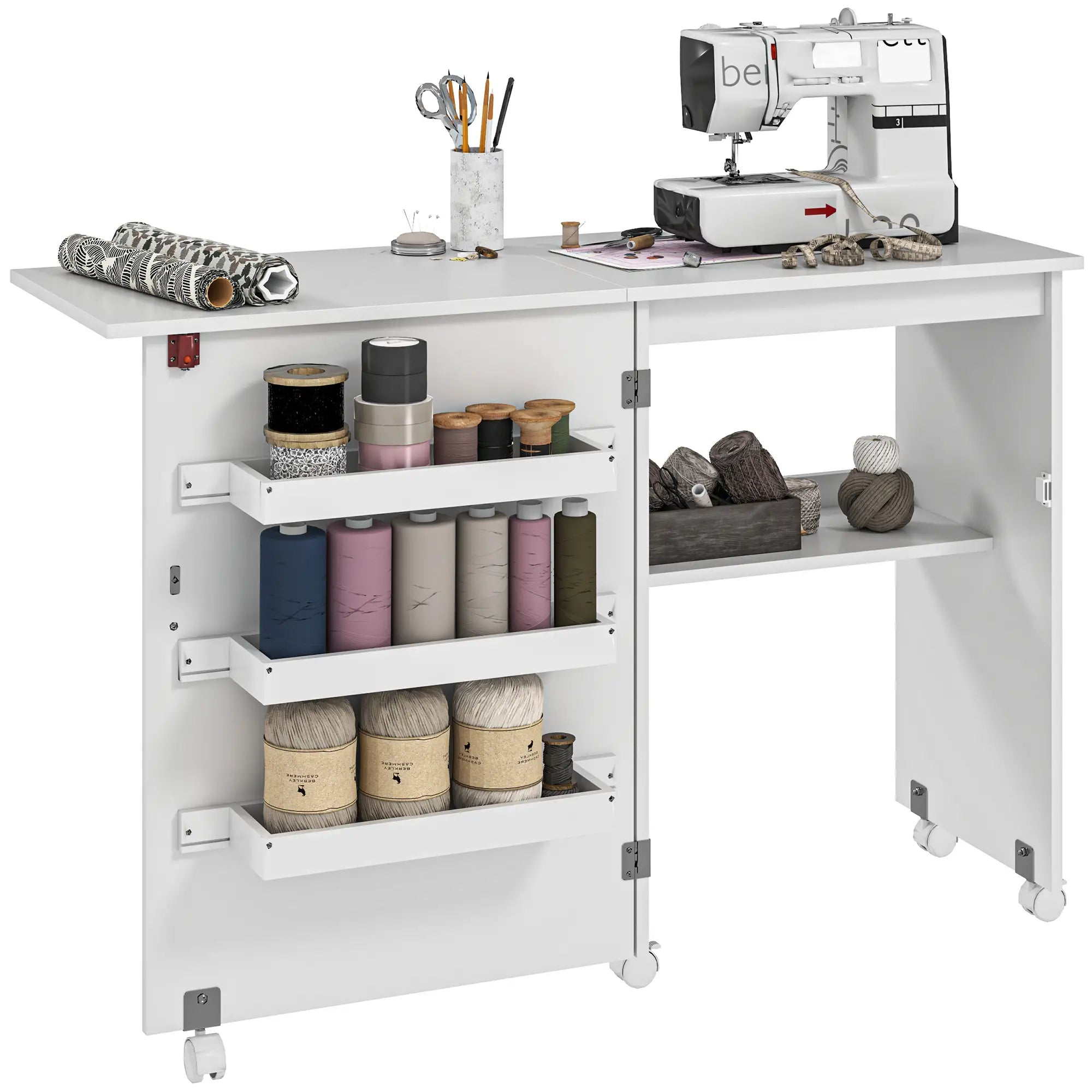 Folding Sewing Table with Storage, Lockable Wheels, White Storage Cabinets at Gallery Canada