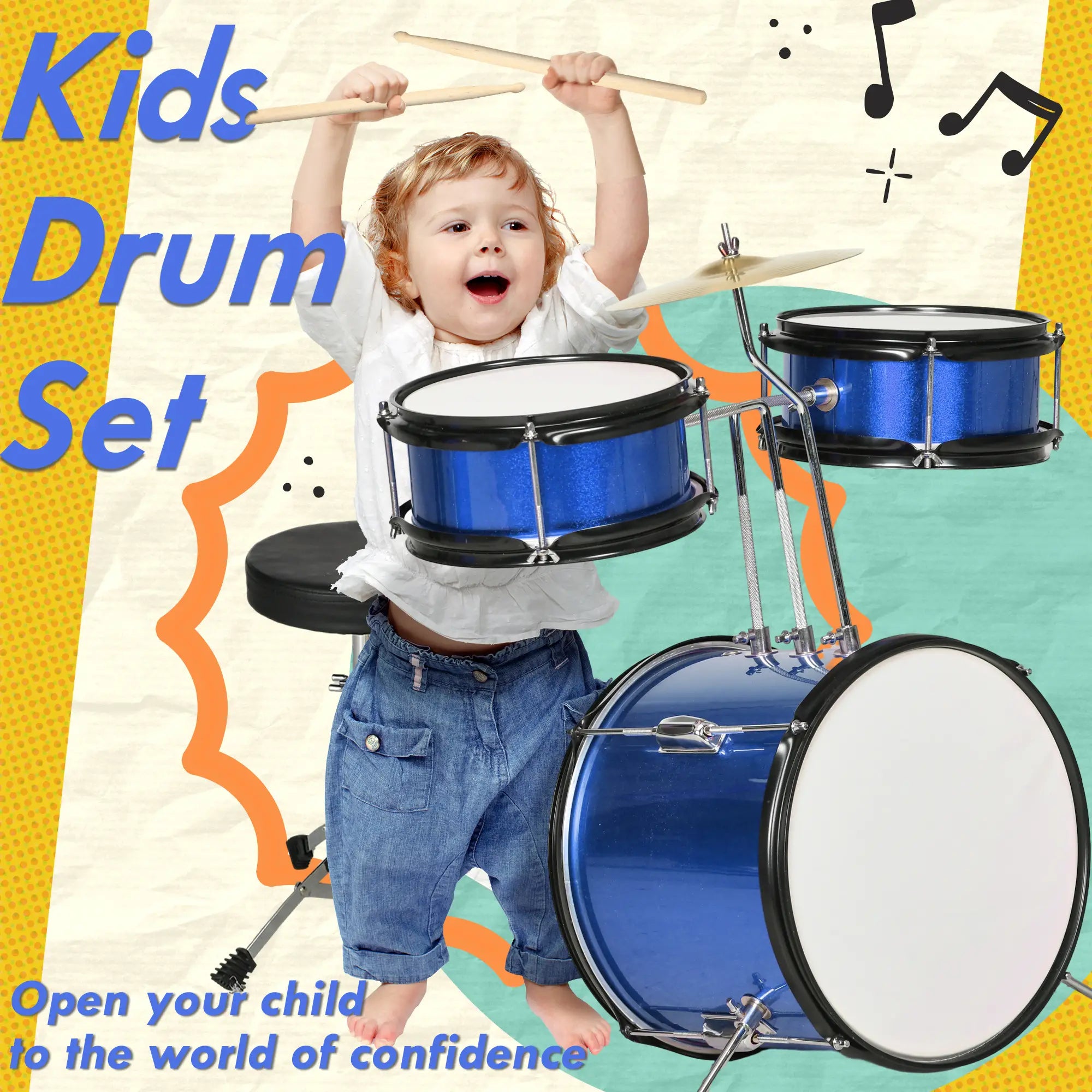 7 Piece Kids Drum Set, Throne, Cymbal, Pedal, Drumsticks, Blue Electronic Musical Pianos at Gallery Canada