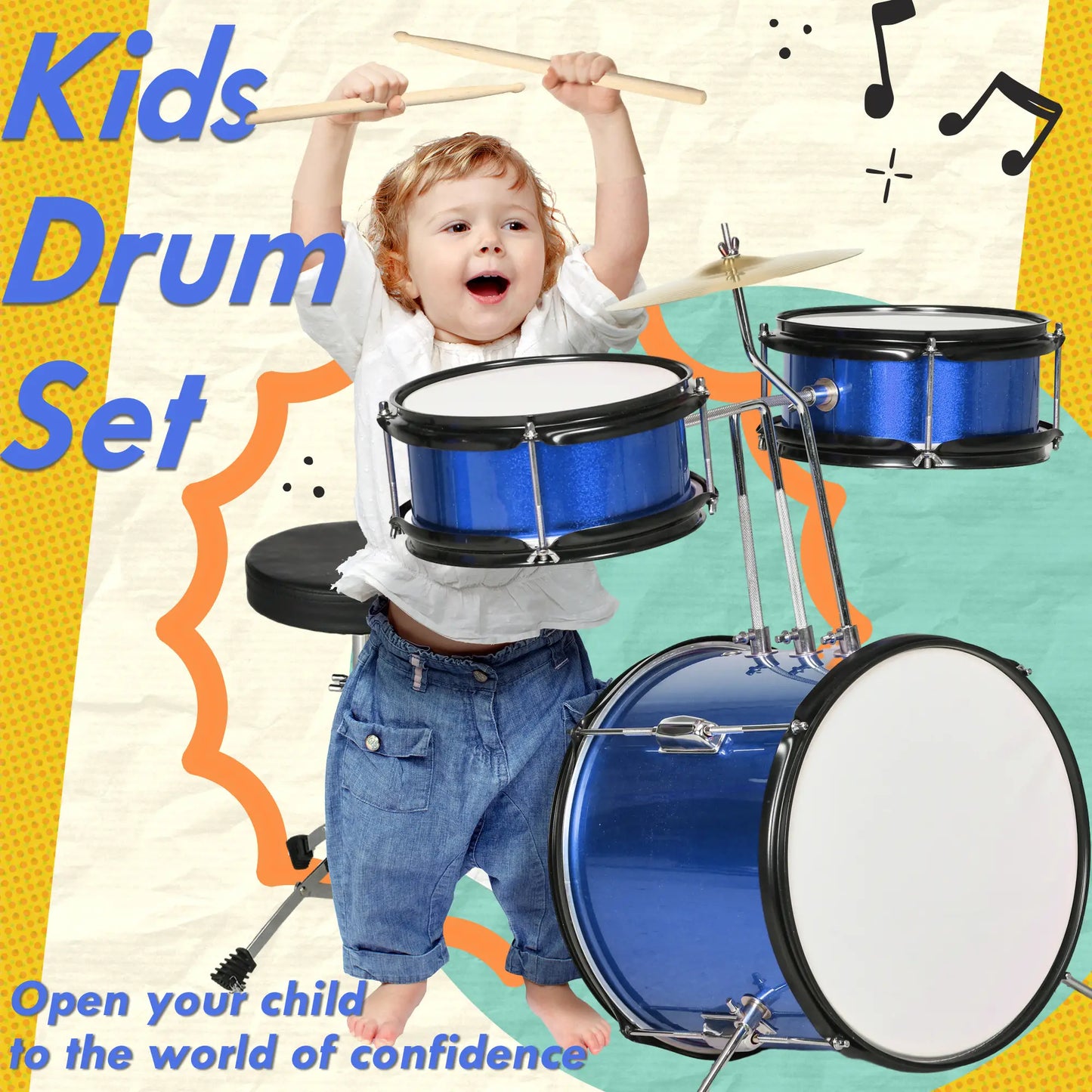 7 Piece Kids Drum Set, Throne, Cymbal, Pedal, Drumsticks, Blue Electronic Musical Pianos at Gallery Canada