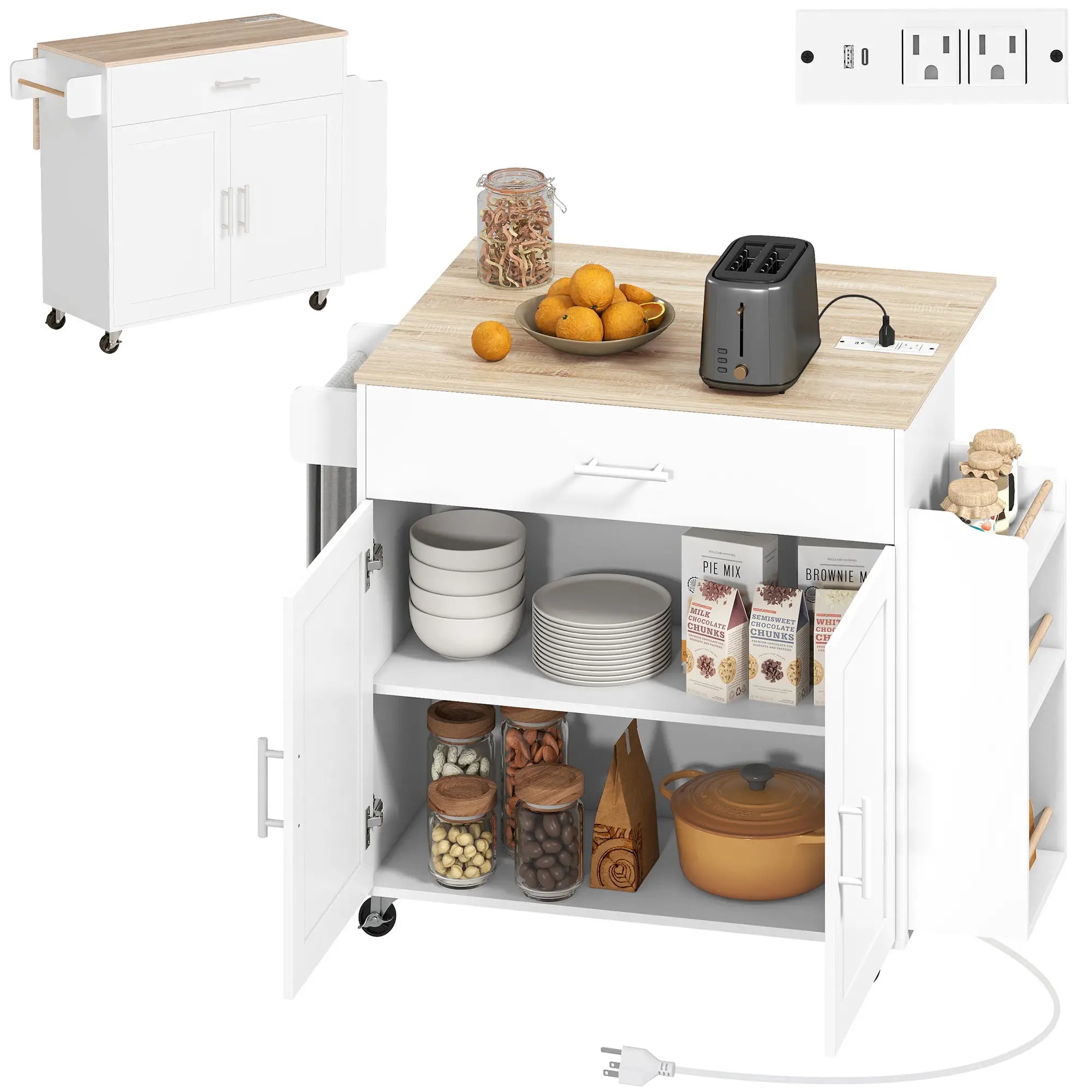 Kitchen Island with Storage, Rolling Cart, Foldable Drop Leaf, Power Outlet, USB Ports, White Kitchen Islands & Kitchen Carts at Gallery Canada