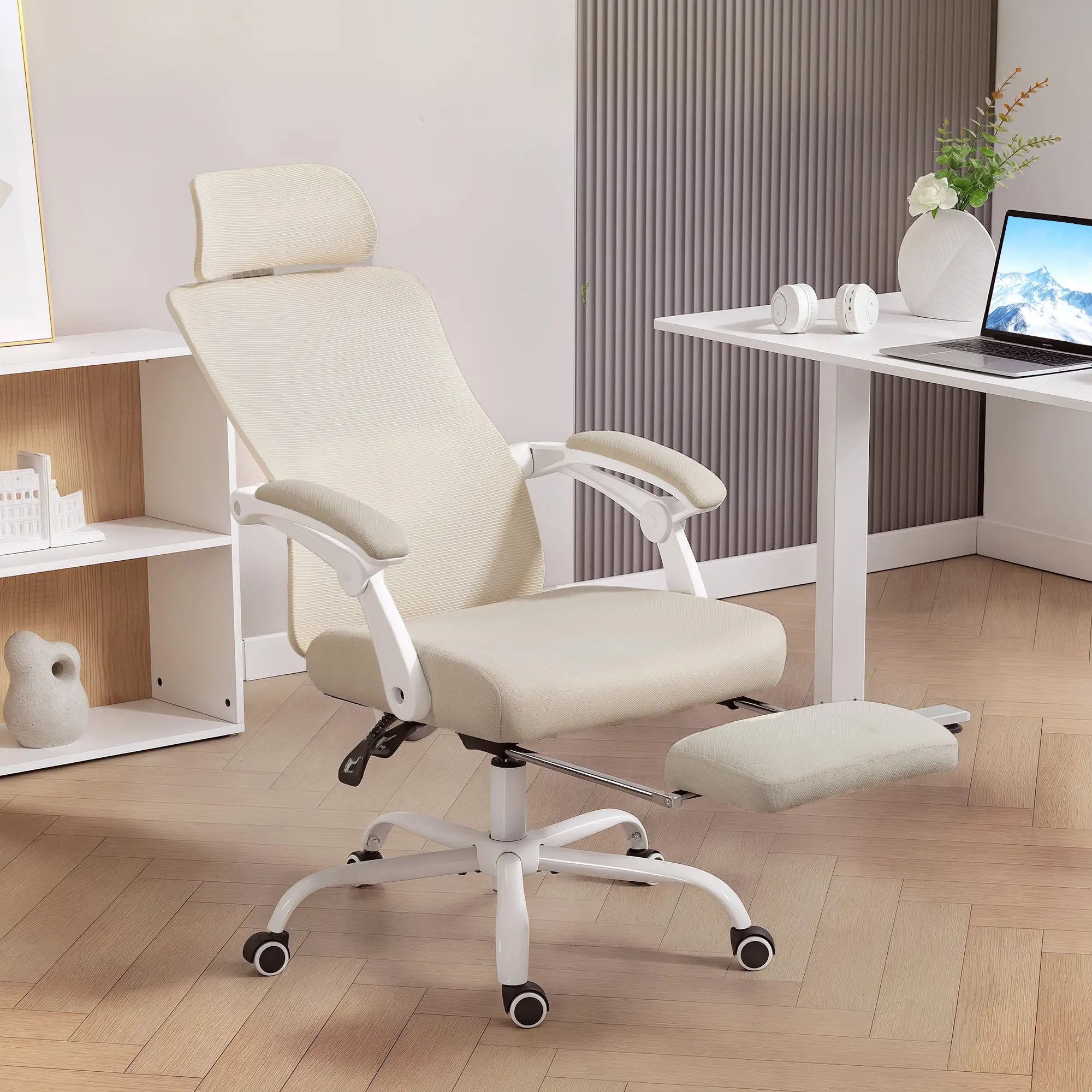 Ergonomic Office Chair, Mesh Reclining Desk Chair, Adjustable Lumbar Support, Headrest, Beige Office Chairs at Gallery Canada