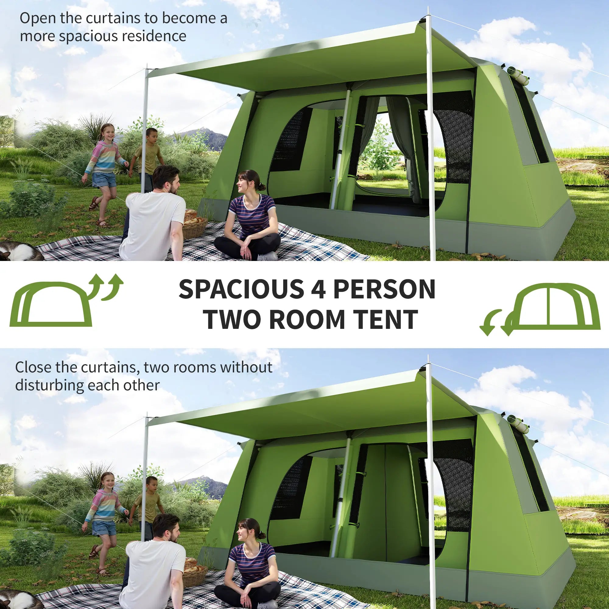 Tunnel Tent Camping Shelter, Two Rooms, Lamp Hook, Portable, Green Camping Tents at Gallery Canada