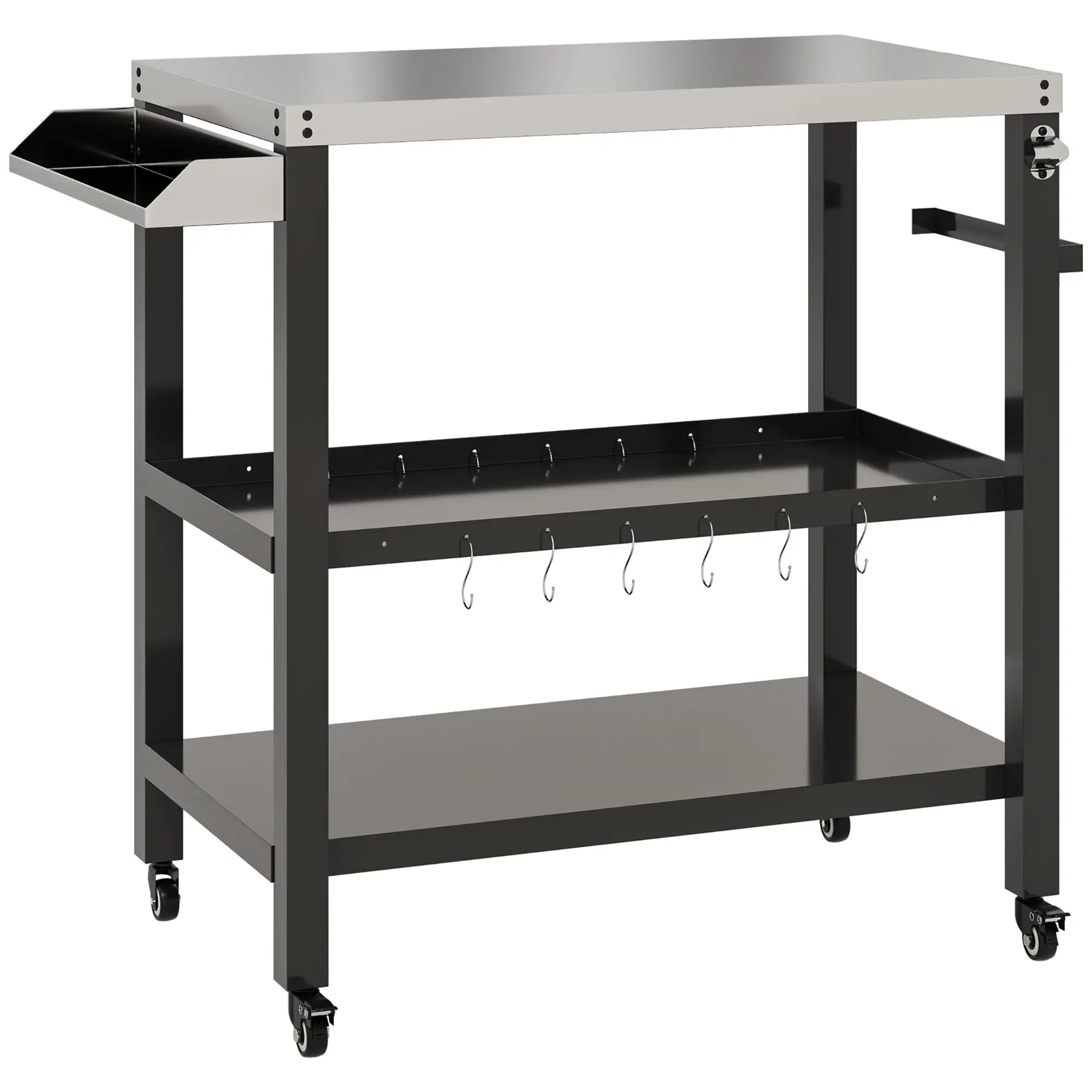 Outdoor Kitchen Bar Cart With Wheels, Stainless Steel Pizza Oven Stand, Movable Prep Table With Hooks Outdoor Grill Carts Black, Silver at Gallery Canada