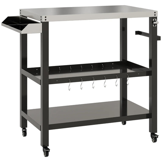 Outdoor Kitchen Bar Cart With Wheels, Stainless Steel Pizza Oven Stand, Movable Prep Table With Hooks Outdoor Grill Carts Black, Silver at Gallery Canada
