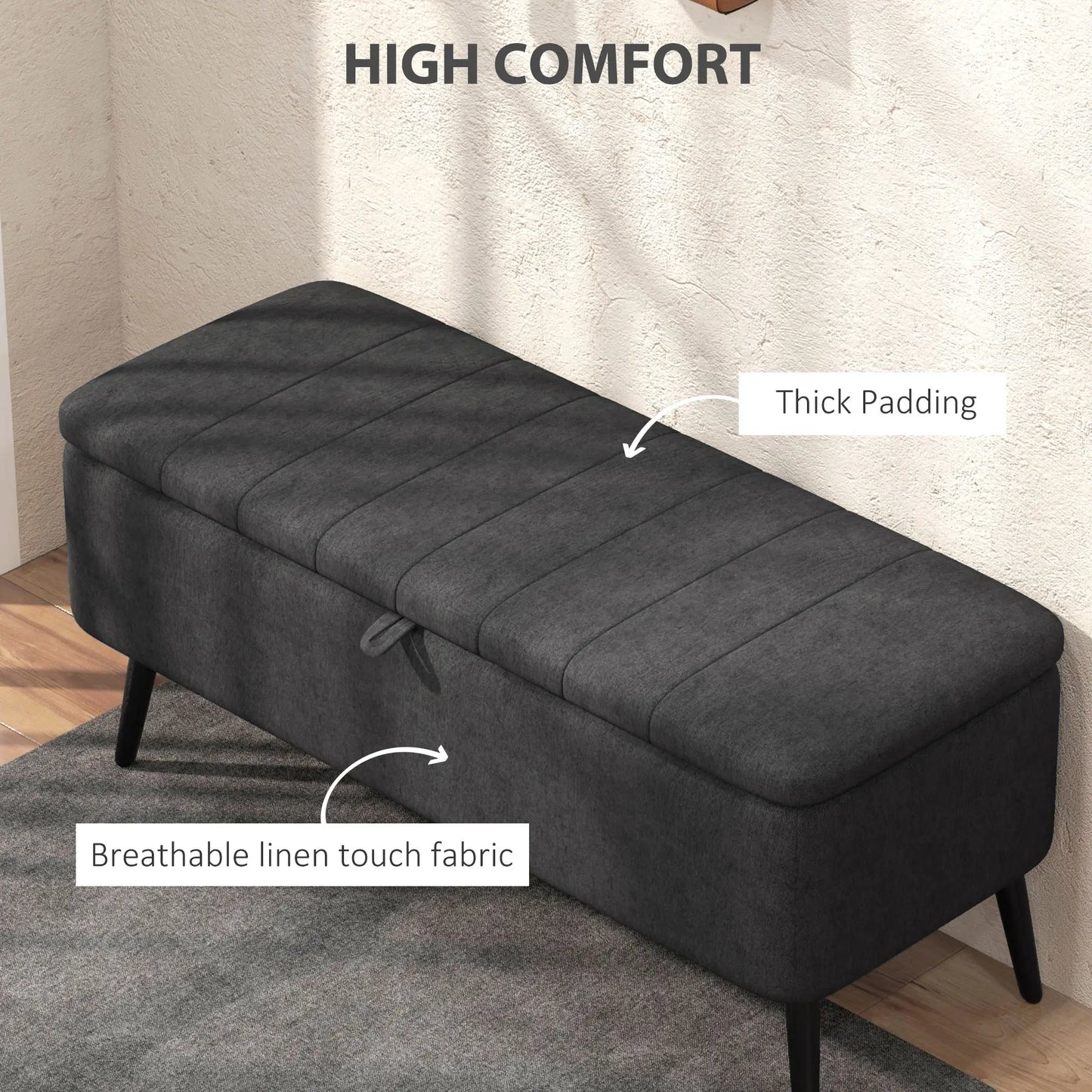 40" Ottoman with Storage, Linen Upholstered Bench, Dark Grey Storage Ottomans & Benches at Gallery Canada
