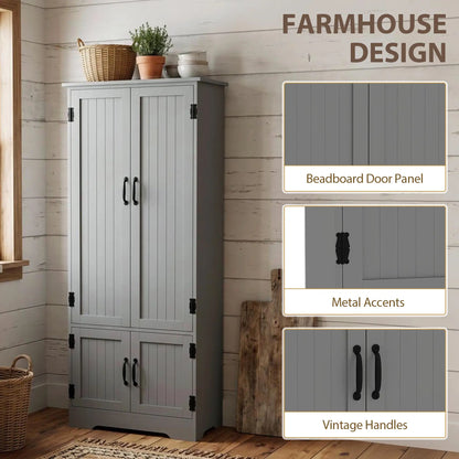 60" 4-Door Storage Cabinet, Multi-Storey Pantry, Adjustable Shelves, Grey, Grey