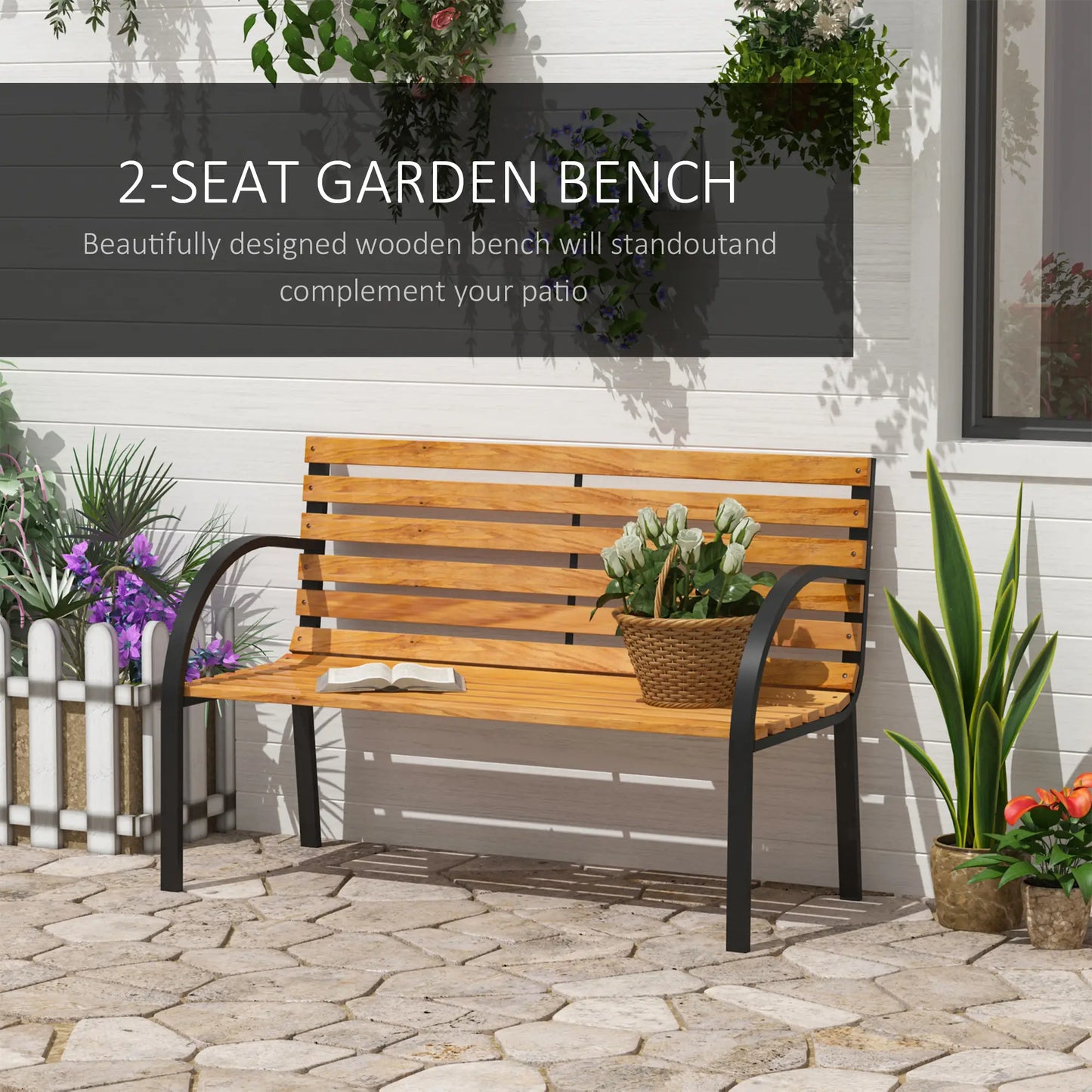 48"L Wooden Garden Bench, Outdoor Patio Loveseat, Steel Frame Outdoor Benches at Gallery Canada