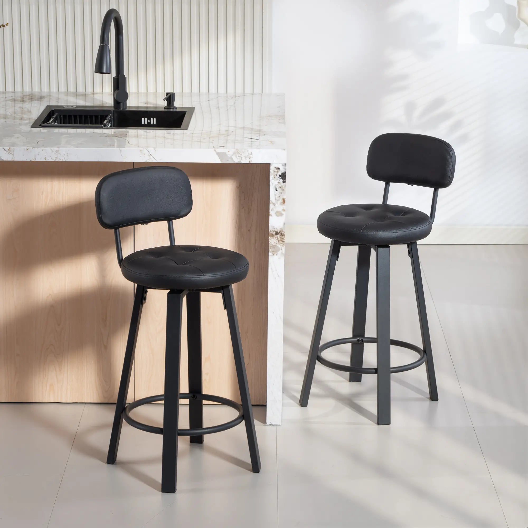 Upholstered Bar Stools Set Of 2, With Footrest And Backrest, Black Bar Stools at Gallery Canada