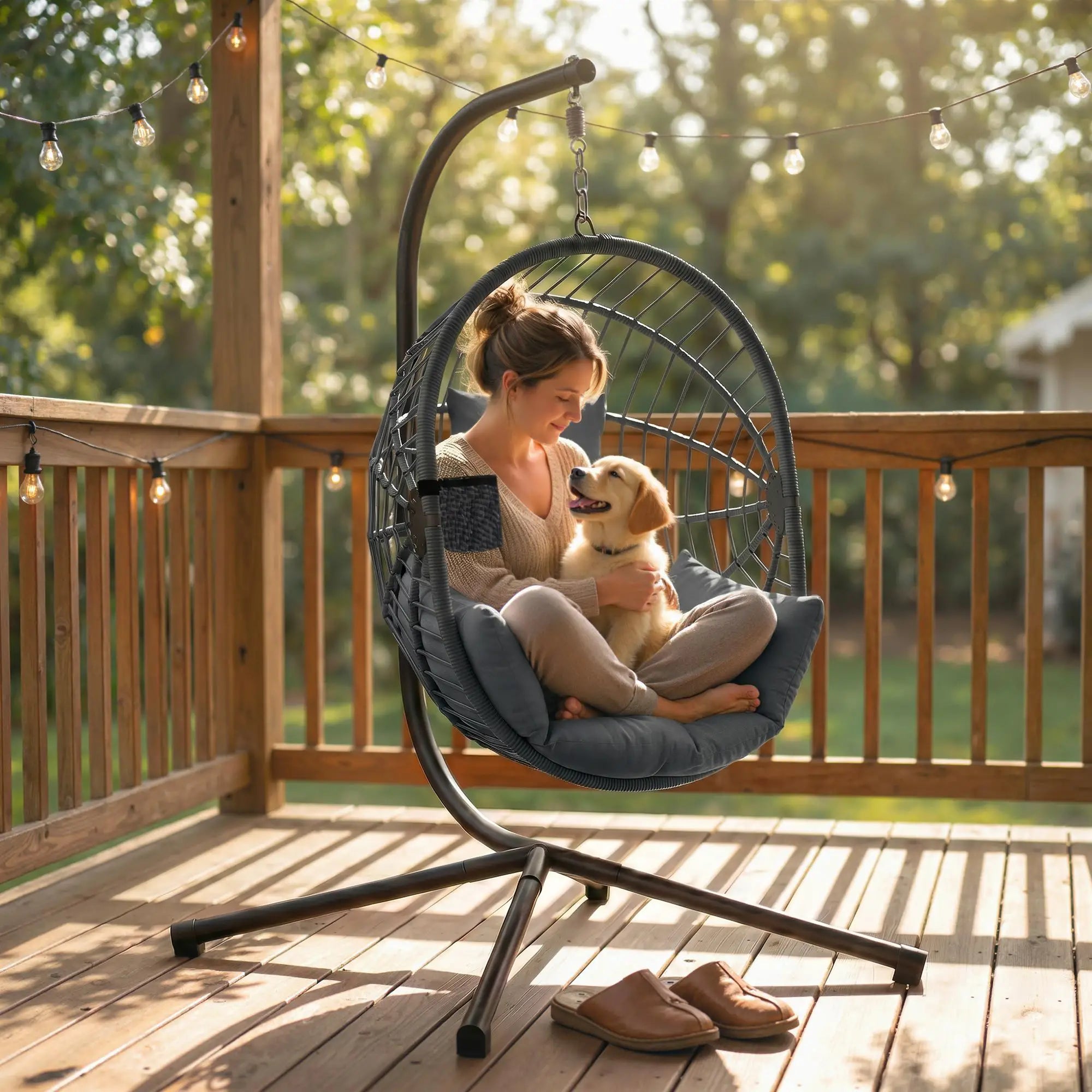 Metal Hanging Egg Chair, Full Body Padded Seat, Grey Patio Swings with Stand at Gallery Canada