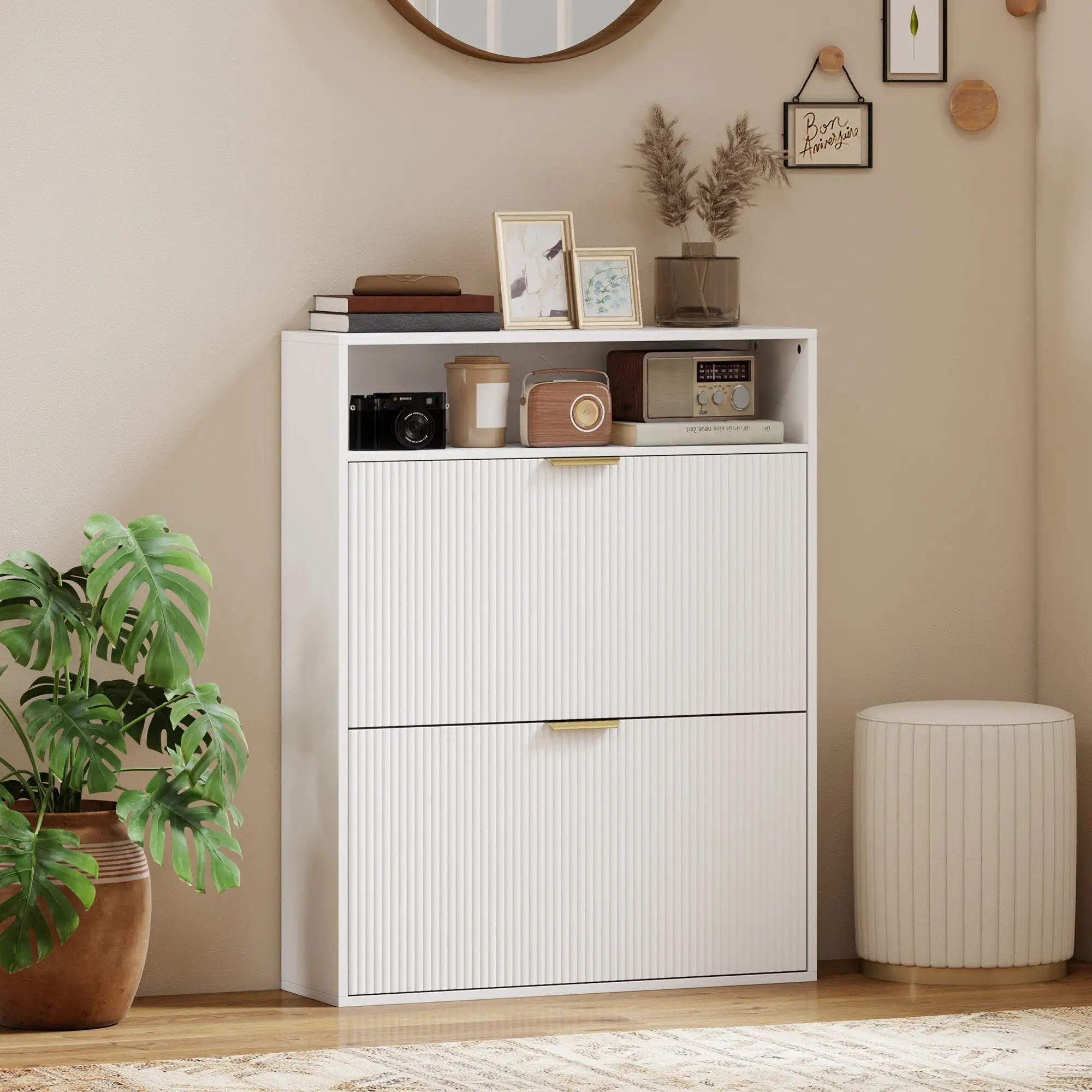 Narrow Shoe Cabinet With 2 Flip Drawers, Top Shelf, White Shoe Storage Cabinets & Racks at Gallery Canada