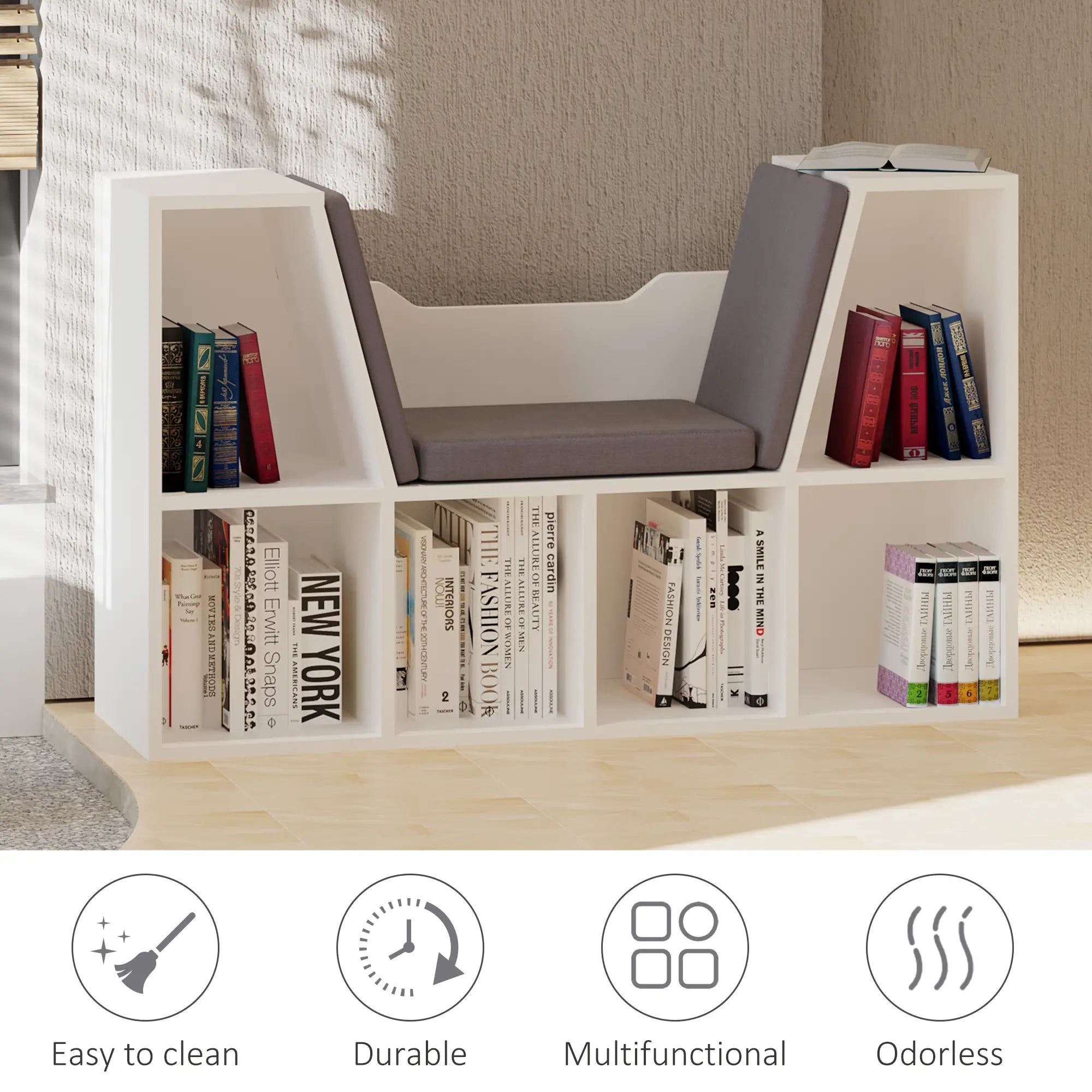 6-Cubby Bookcase with Seat Cushion, Cube Storage Shelf, Grey Small Bookshelves at Gallery Canada