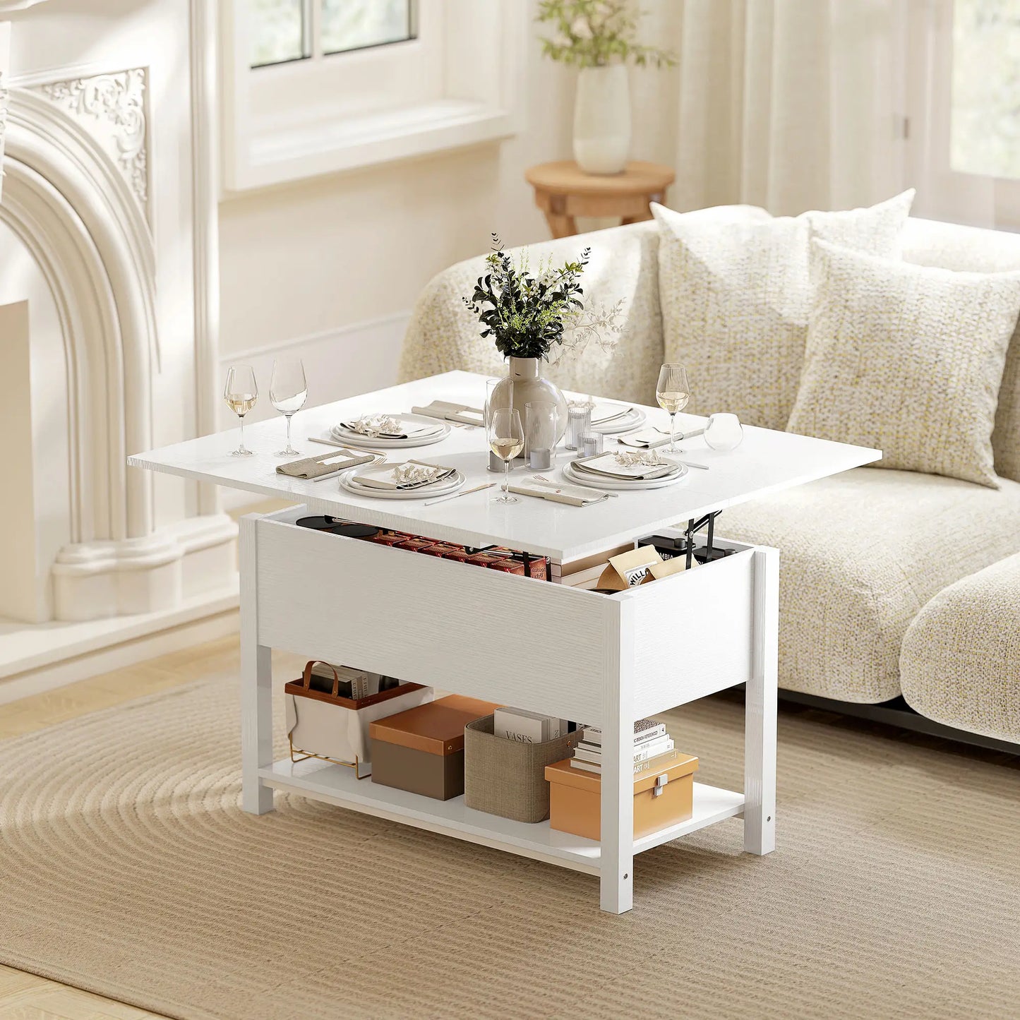 Table basse relevable avec rangement, blanche